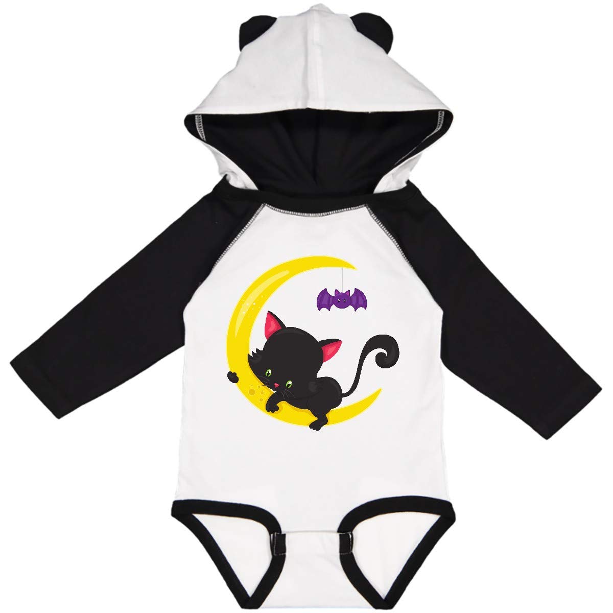 Inktastic Halloween Cat Long Sleeve Creeper - Cute Black Cat with Moon & Bat Design for Babies & Toddlers | Perfect for Halloween Costumes, Fall Outfits & Spooky Photo Shoots