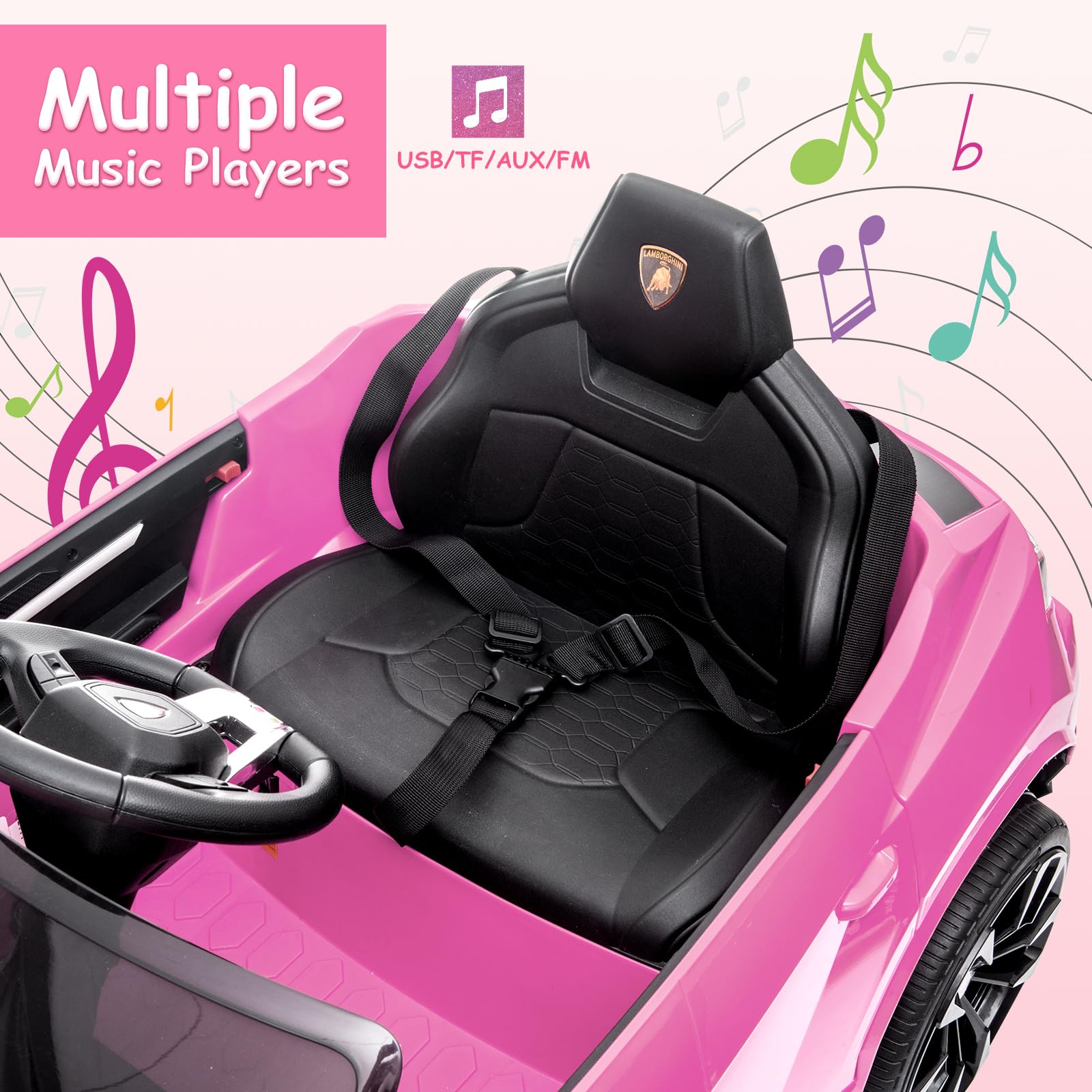 12V Licensed Lamborghini Electric Ride On Car for Kids - Remote Control, 2.5MPH Max Speed, LED Lights & Music Player - Spring Suspension & Lockable Doors - Perfect Birthday Gift for Toddlers (Pink) | Indoor & Outdoor Play, Pretend Driving Fun
