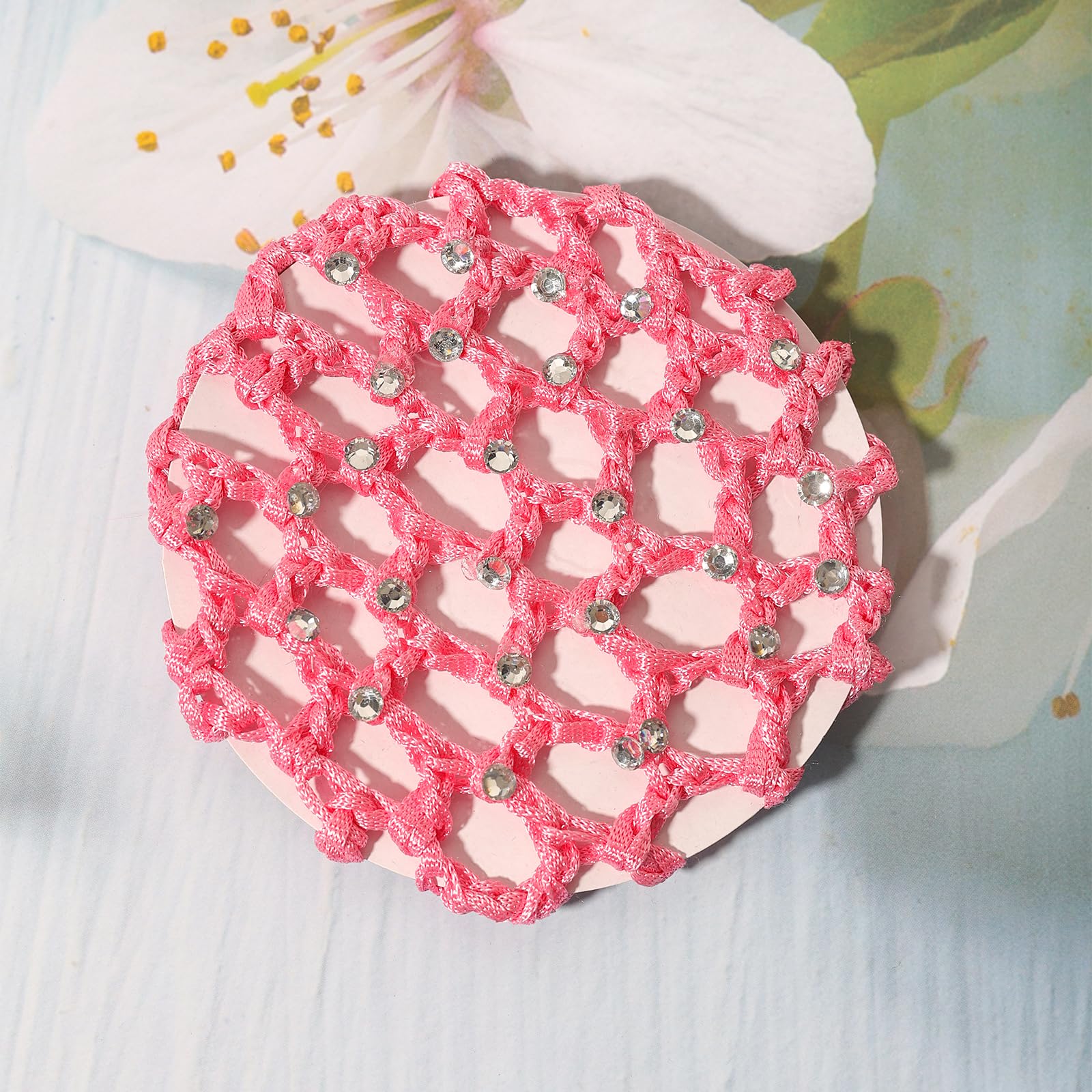 Light Pink Hair Bun Cover - Knit Mesh Hair Net with Rhinestone for Girls & Women, Ballet Dance Accessories, Perfect for Performances, Recitals & Costume Parties