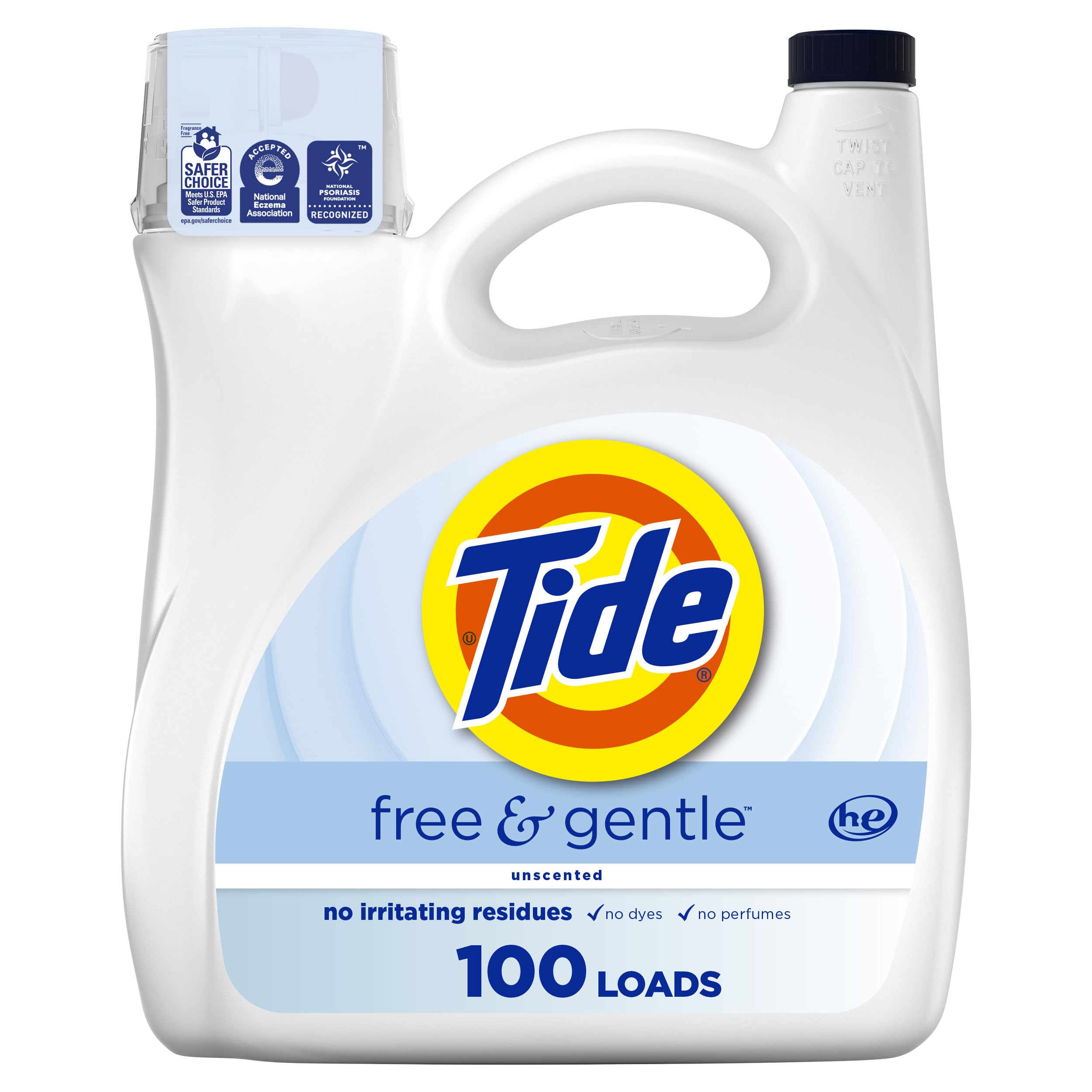 Tide Free & Gentle Liquid Laundry Detergent for Sensitive Skin - 132 fl oz (100 Loads) | Hypoallergenic, Dye-Free & Fragrance-Free | Perfect for Baby Clothes, Delicates & Allergy Sufferers | Gentle on Skin, Tough on Stains