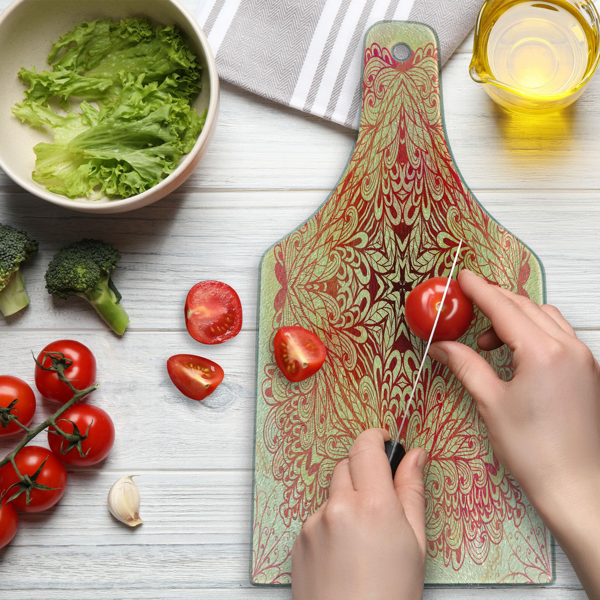 Ambesonne Mandala Tempered Glass Cutting Board - Hand Drawn Ombre Floral Design with Swirls & Ivy - Square Decorative Serving Board for Kitchen, Charcuterie & Wine - Pink, Yellow & White