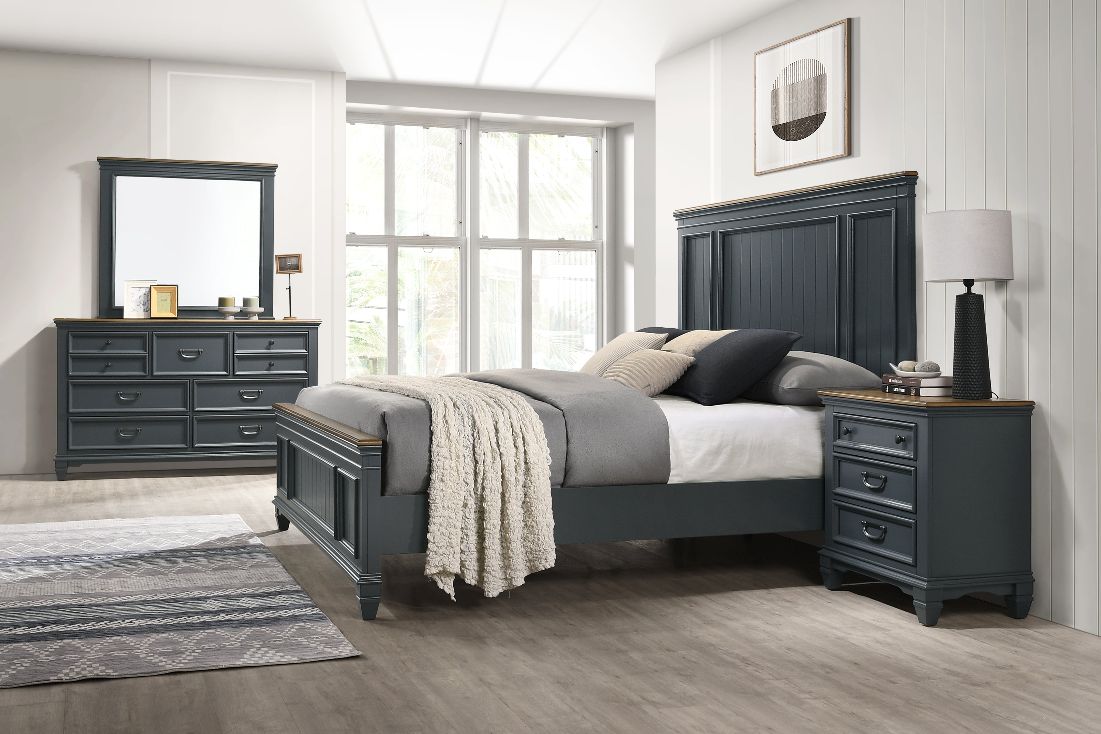 Roundhill Furniture Clelane Wood Bedroom Set with Shiplap Panel Bed - Queen Size, Slate Blue Finish - Modern Farmhouse Bedroom Decor for Master & Guest Rooms