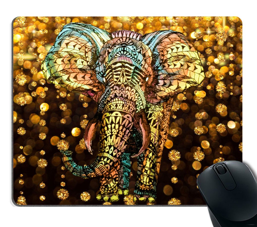 Custom Smooffly Gaming Mouse Pad with Aztec Gold Elephant Design, Glow Jewelry Stones & Gold Rain Shine - Perfect for PC Gaming, Office Work & Home Decor