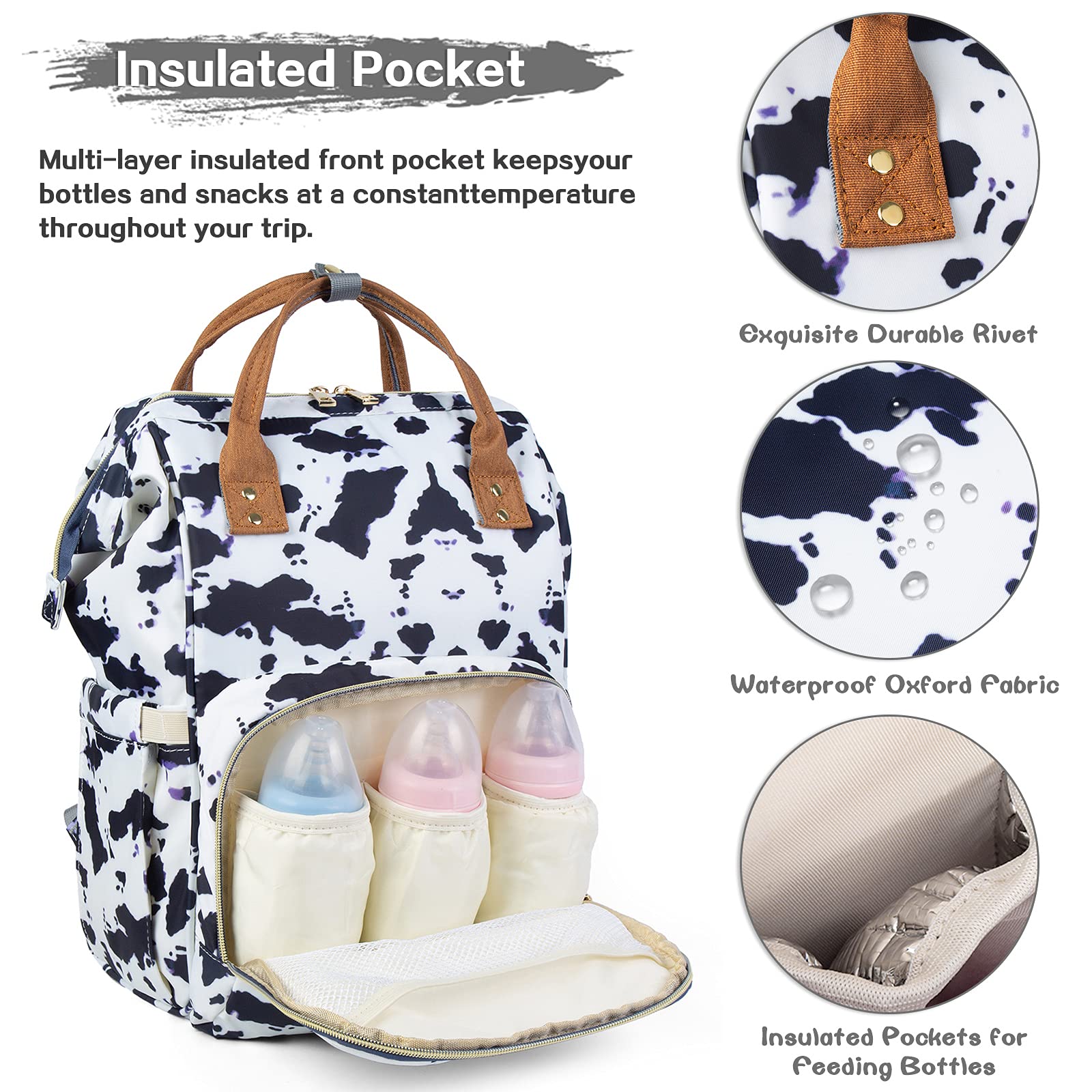 Waterproof Diaper Bag Backpack for Women - Large Baby Care Travel Bag with Multiple Pockets, Nappy Changing Organizer (Cow Print) - Perfect for Daycare, Travel & On-the-Go Parenting