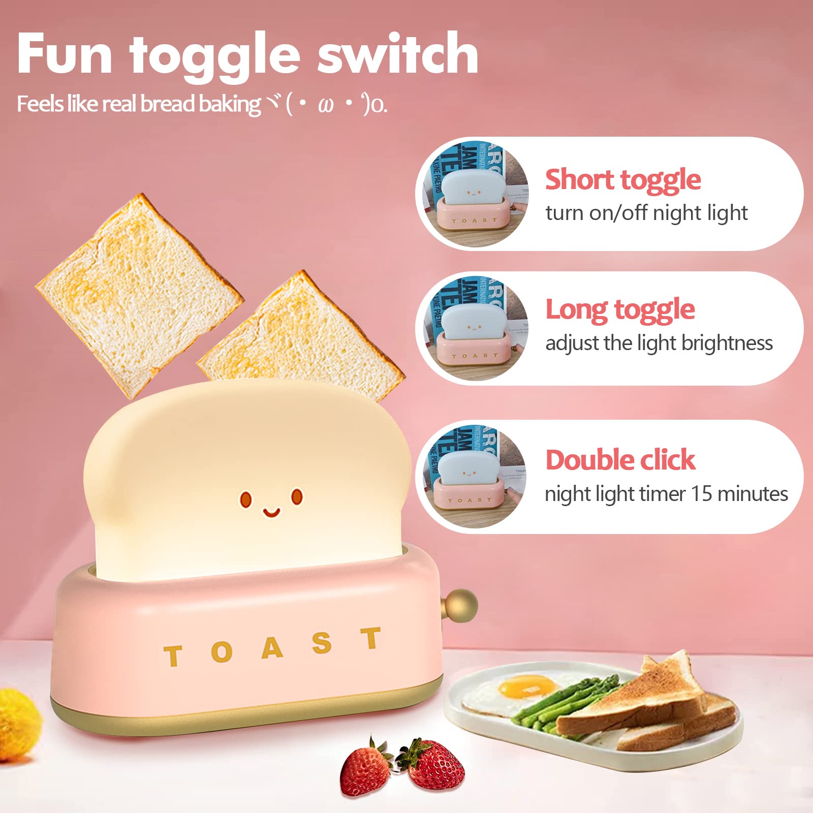 QANYI Cute LED Toast Bread Night Light - Rechargeable Kawaii Desk Lamp with Timer, Portable Decor for Kids Girls Teens - Perfect for Bedroom, Nursery, Christmas Gifts & Cozy Night Reading