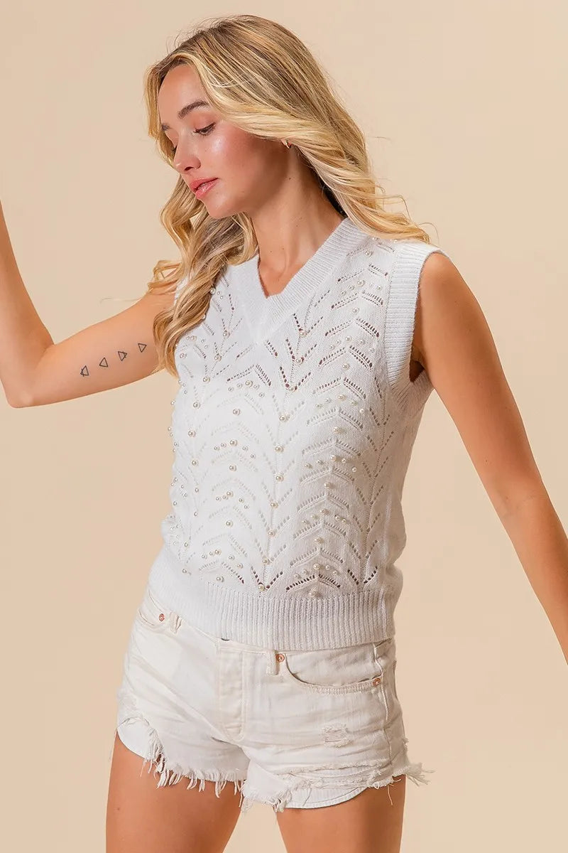 Stylish BiBi Chevron Pointelle Pearl Knit Top for Women - Trendy Casual & Office Wear - Perfect for Spring & Summer Outfits