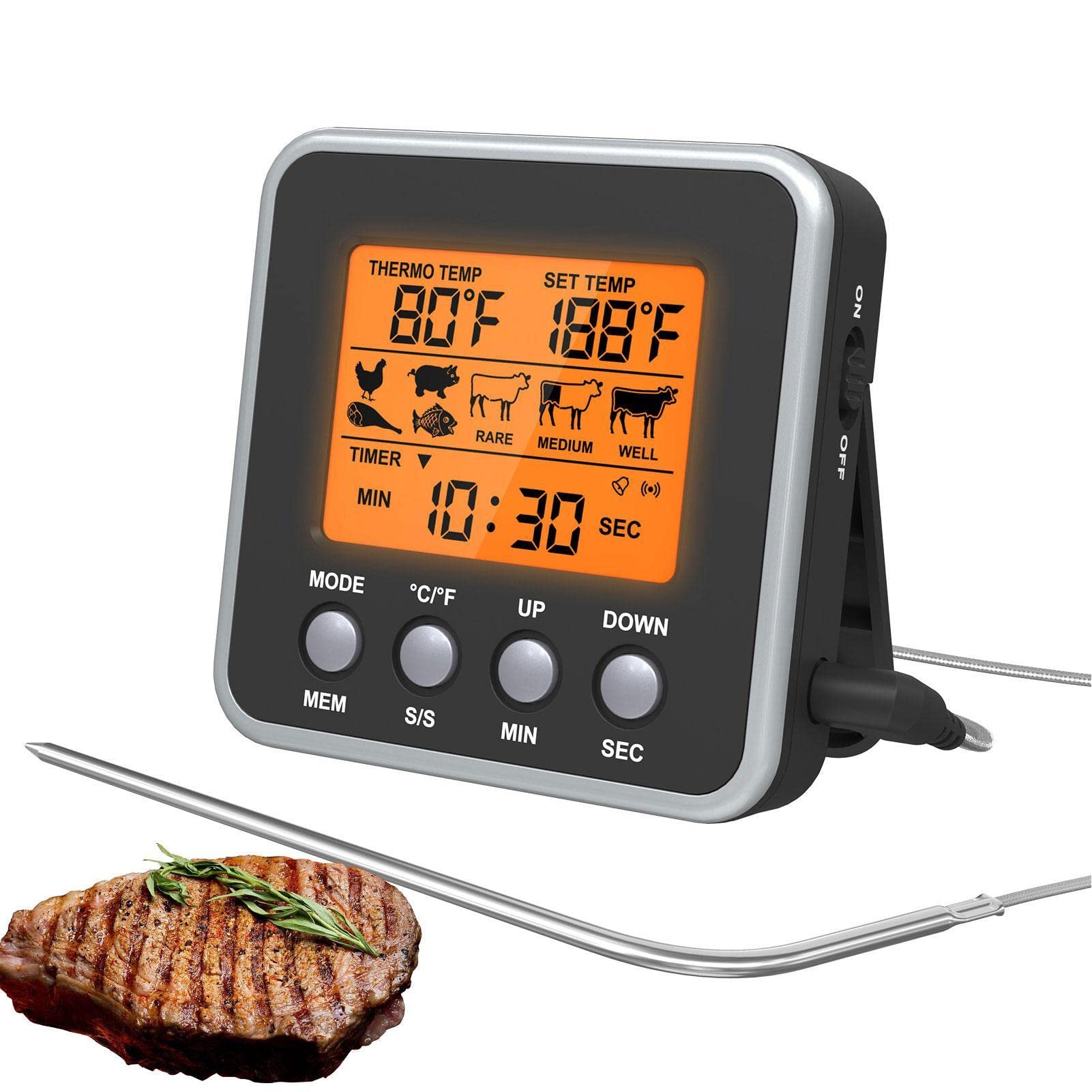 Digital Meat Thermometer with Probe - Wireless BBQ Thermometer with Magnet, Backlight & Kitchen Timer for Grilling, Smoking, Cooking | Battery Operated Food Thermometer (5-Pack, Black) - Perfect for Outdoor BBQ, Home Kitchen & Camping