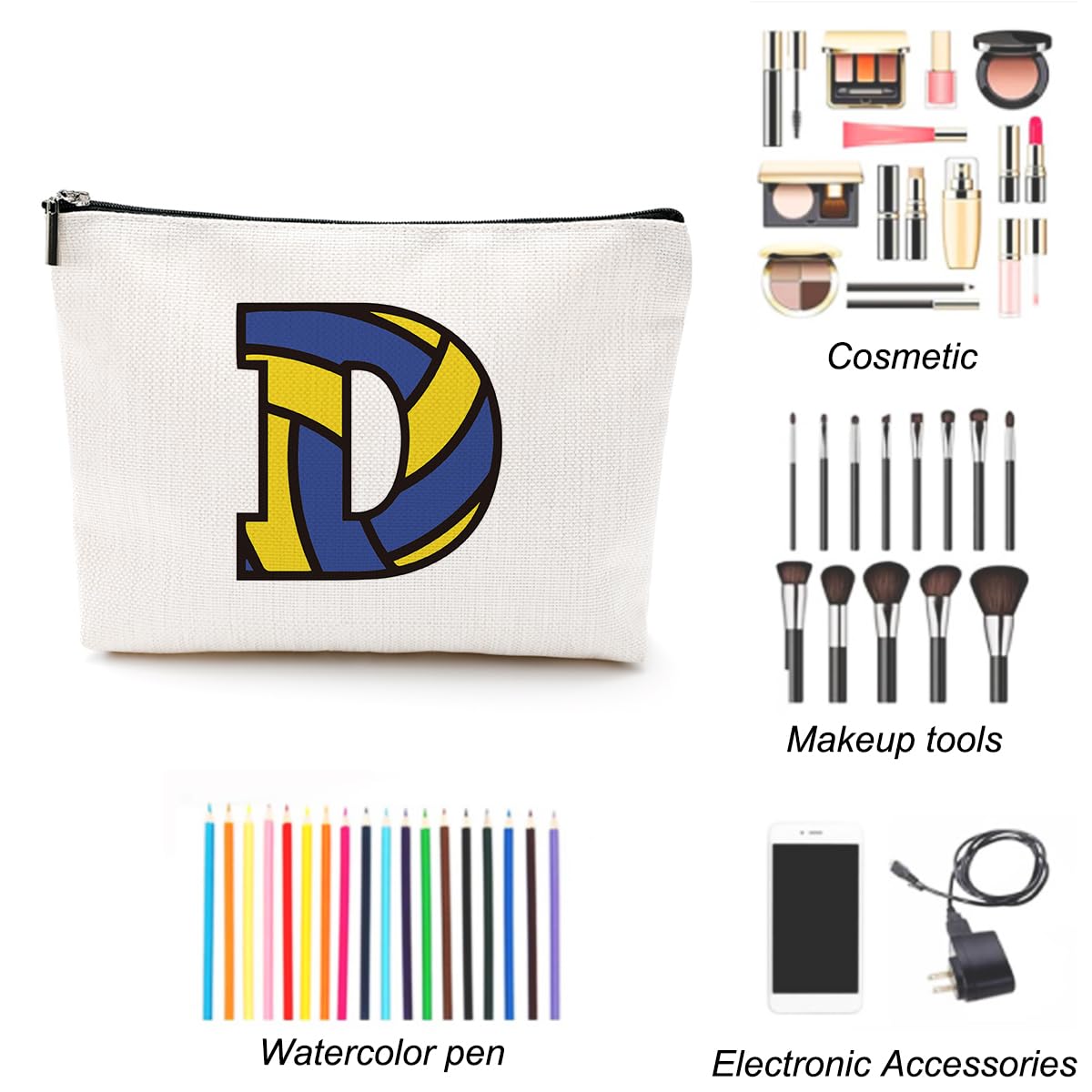 Personalized Volleyball Makeup Bag Monogrammed Cosmetic Pouch - Custom Initial A-Z Toiletry Bag for Volleyball Players, Coaches & Team Gifts - Perfect for Women, Teen Girls & Friends (D) - Great for Sports Events, Travel & Gym Essentials