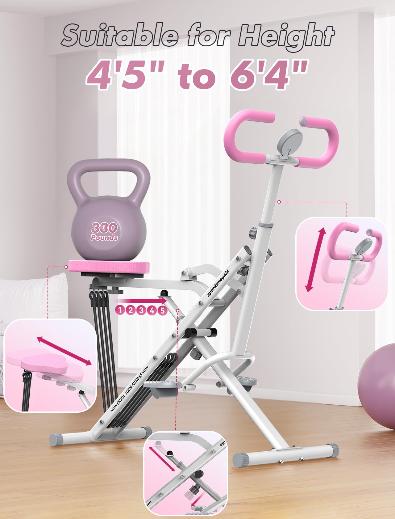 Sportsroyals 2-in-1 Foldable Rowing Machine & Squat Assist for Home Workouts - Adjustable 4 Resistance Bands (330lbs Capacity) - Full Body Exercise Equipment for Cardio & Strength Training - Perfect for Small Spaces & Home Gym Fitness Routines