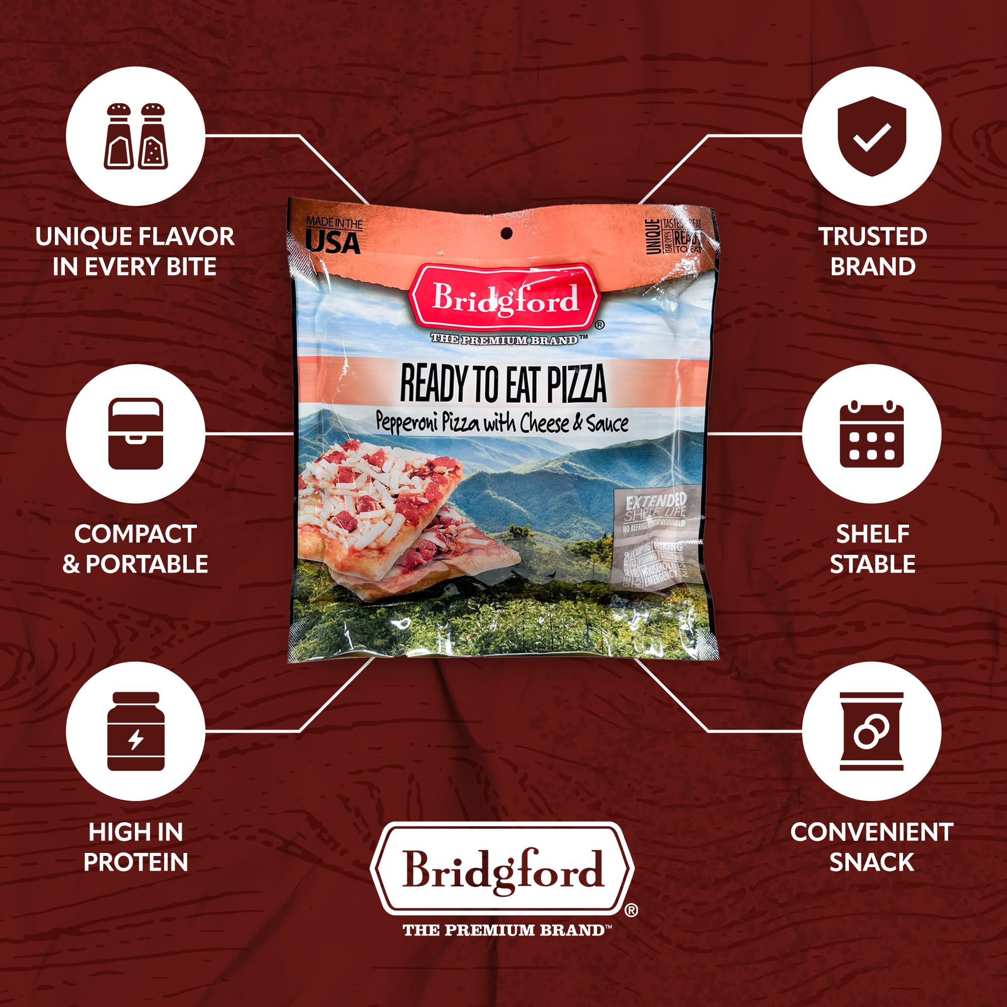 Bridgford Pepperoni Pizza Slice With Cheese - 3 Pack Shelf-Stable Survival Food | High-Protein Emergency Meals for Camping, Hiking & Disaster Preparedness | No Refrigeration Needed | Long Shelf Life