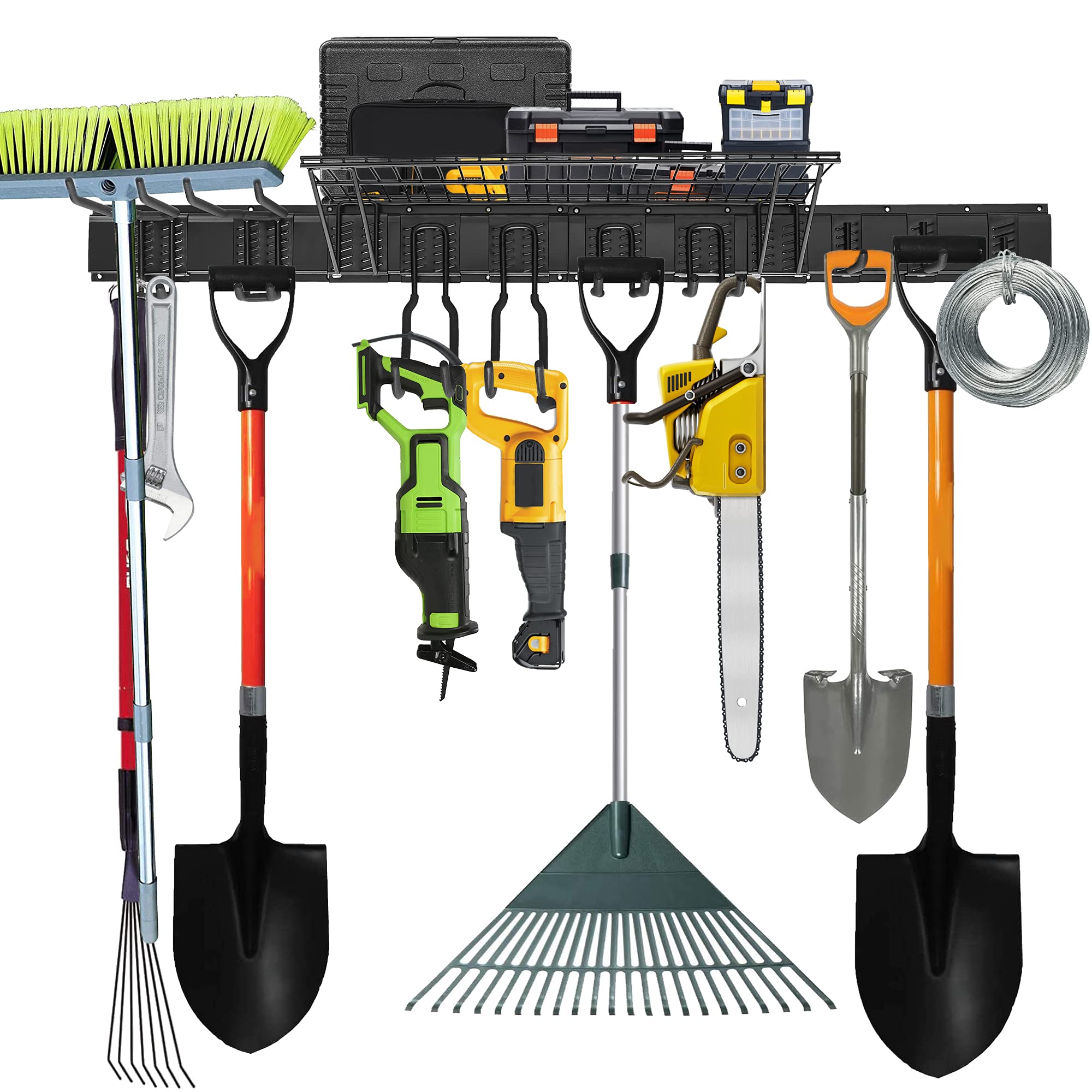 Wallmaster Heavy Duty Wall Mount Tool Storage Rack with Adjustable Hooks - 9 Hooks, 2 Rails & Storage Shelf - Garage Organization System for Tools, Garden Supplies & DIY Equipment - Perfect for Workshop, Shed & Home Garage Storage Solutions