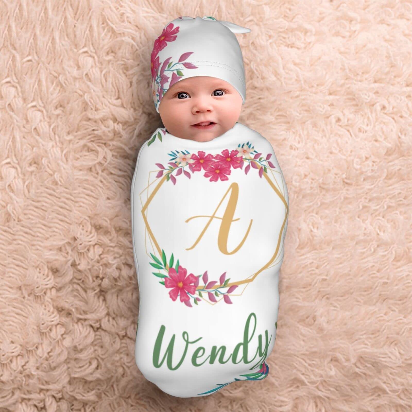 Personalized Baby Blanket and Hat Set - Custom Name Embroidered Swaddle Blanket for Newborn Boys & Girls - Soft Infant Sleep Sack for Nursery, Photo Shoots & Baby Showers