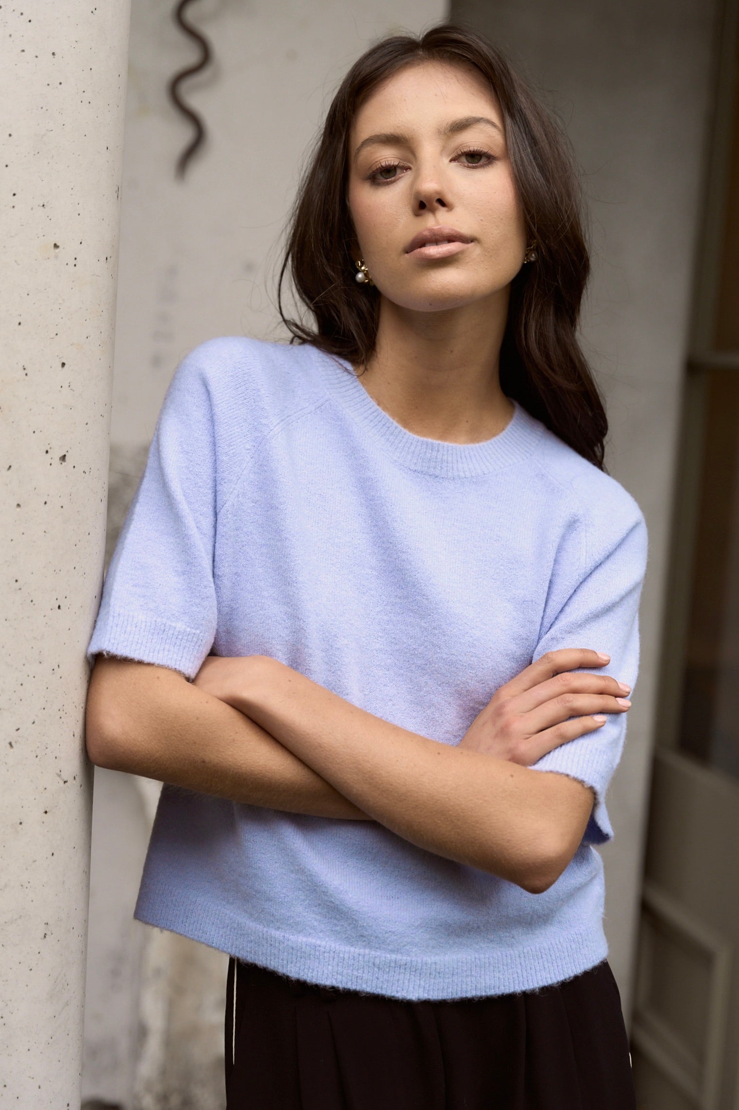 Assemble Ice Blue Alpaca Blend Raglan Knit Tee - Soft Comfortable Women's Casual Top for Everyday Wear & Layering