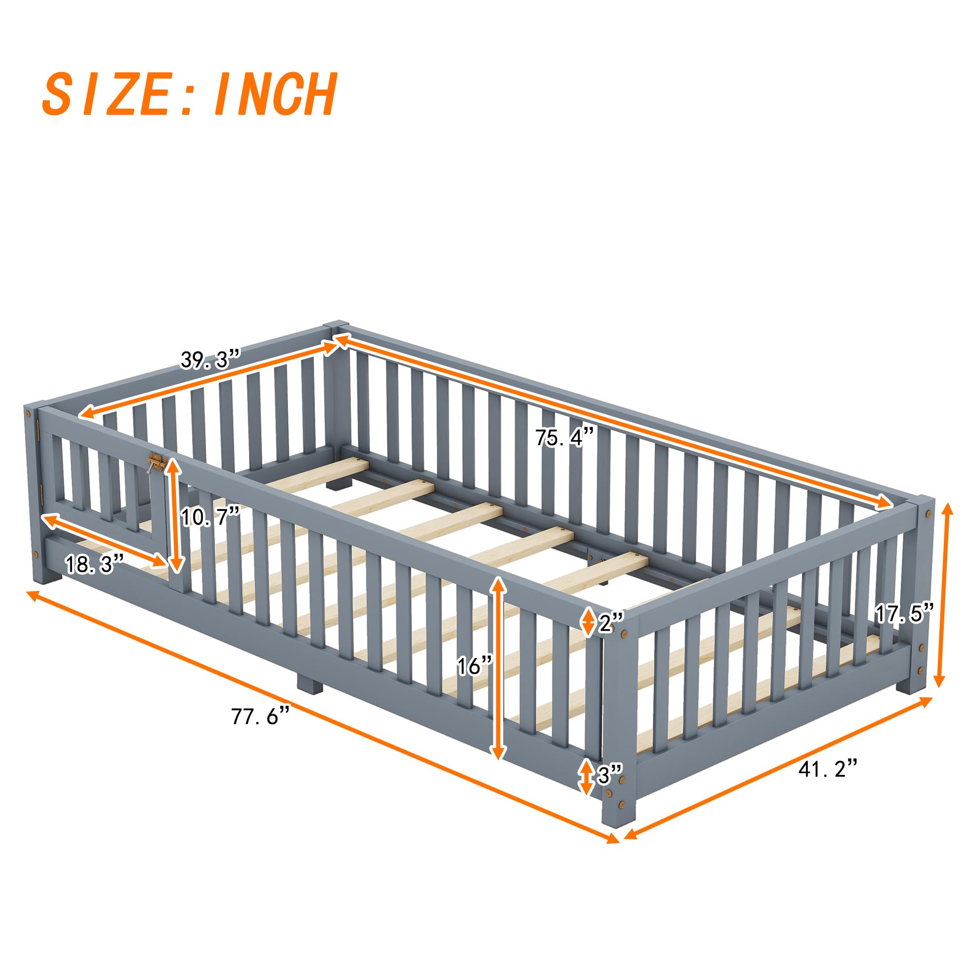 SOFTSEA Twin Size Floor Bed Frame with Safety Guardrails & Door for Kids - Solid Wood Toddler Bed with Fence - No Box Spring Needed - Easy Assembly - Gray - Perfect for Playrooms, Daycare Centers & Montessori Bedrooms