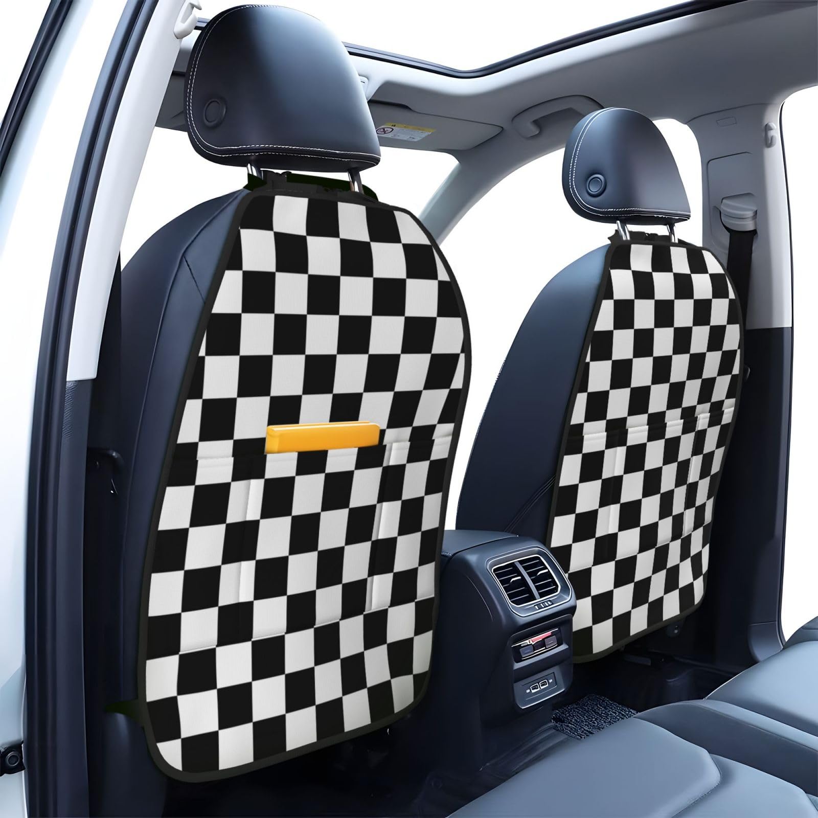 Black & White Checkered Car Seat Back Kick Protectors - 2 Pack with Storage Pockets | Durable Car Accessories for Kids | Perfect for SUVs, Minivans & Family Vehicles (Model A-100)