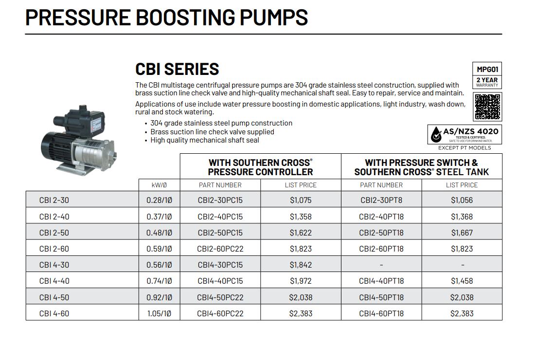 Southern Cross CBI Series Multistage Pressure Pumps with Press Control - High Efficiency Water Pump for Home, Irrigation & Industrial Use | Durable Construction for Continuous Water Supply