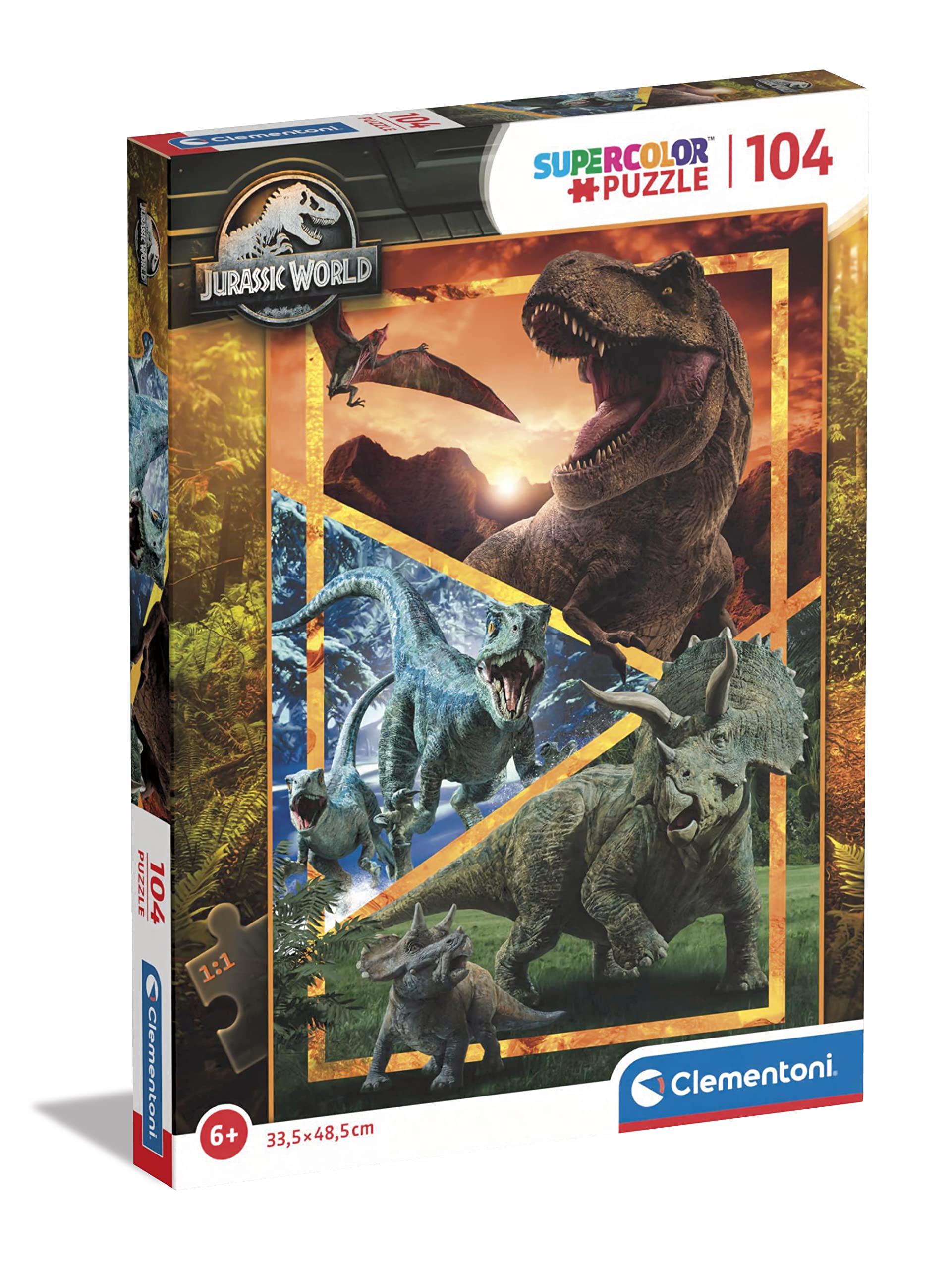 Clementoni Supercolor Puzzle 104 Pieces - Jurassic World Dinosaur Theme, Kids Puzzle for 6 Year Olds, Cartoon Puzzle Made in Italy - Perfect for Birthday Gifts, Family Game Night & Preschool Learning Activities