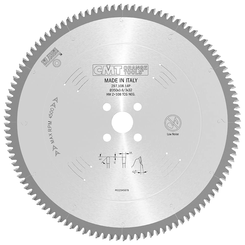 CMT 108-Tooth Circular Saw Blade 350mm x 32mm Bore for Non-Ferrous Metals, Plastics & Laminates - Premium TCG Teeth for Smooth Cuts - Perfect for Woodworking, PVC Trimming & Laminate Flooring Installation