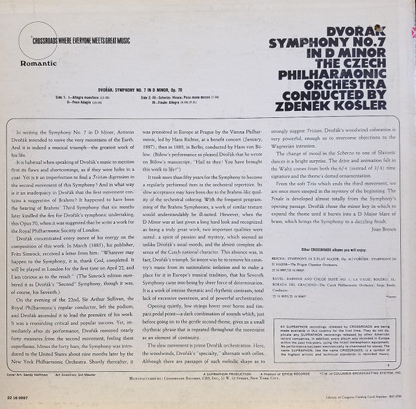 Antonín Dvořák Symphony No. 7 in D Minor - Czech Philharmonic Orchestra, Zdeněk Košler (Vinyl LP, Album, VG+ Condition) | Classical Music for Home Listening & Collector's Item