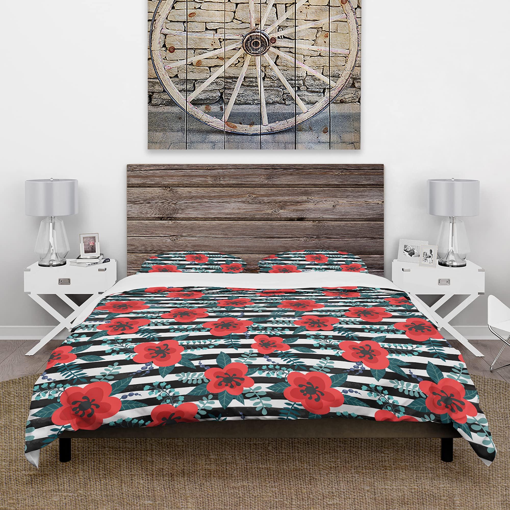 DesignQ Floral Duvet Cover Set - Red Flowers with Leaves, Branches and Berries | Queen/King Size Bedding | Perfect for Spring & Summer Home Decor