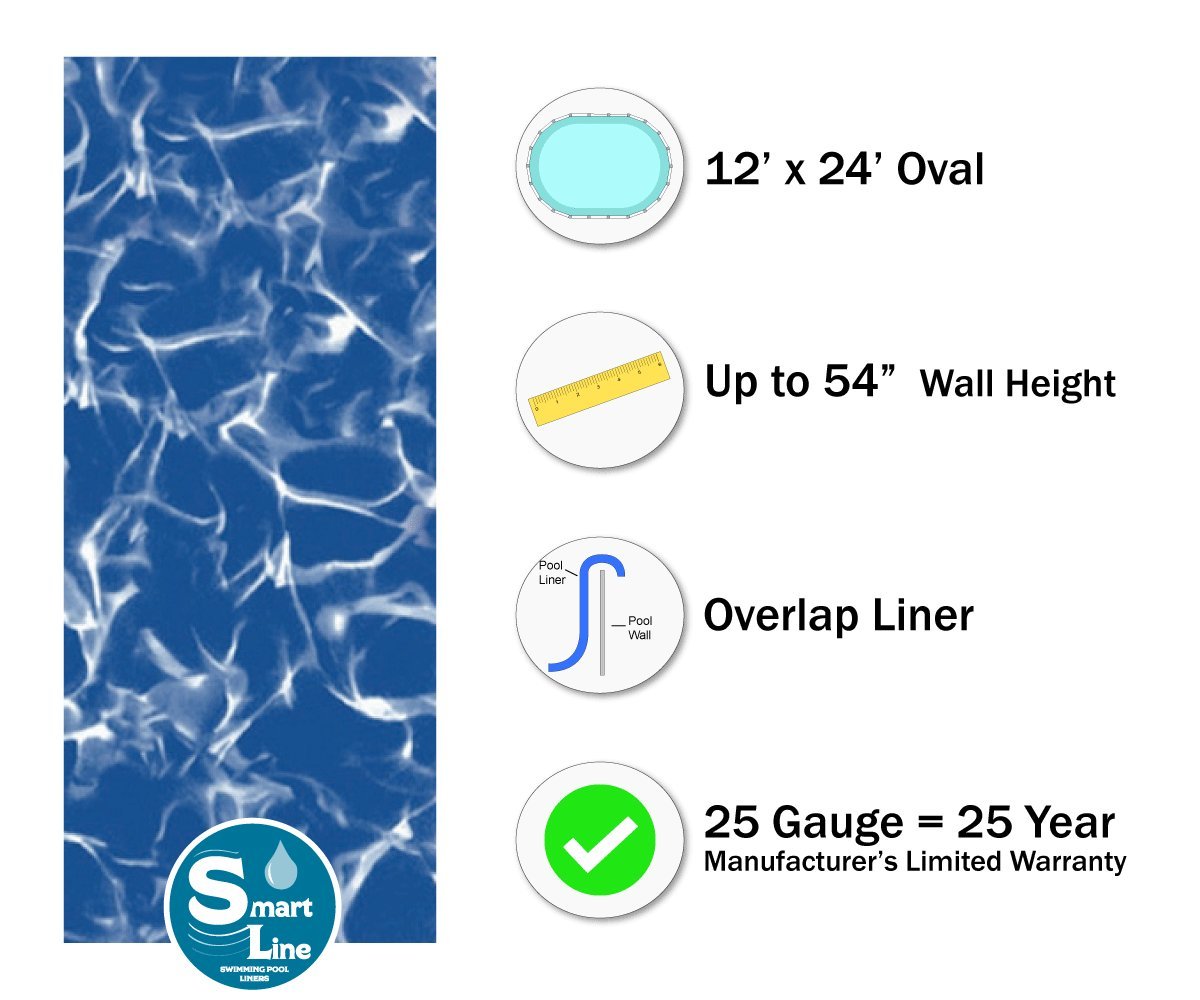 Smartline 12ft x 24ft Oval Above Ground Pool Liner - 54in Wall Height, 25 Gauge Heavy Duty Virgin Vinyl, Sunlight Resistant Overlap Style for Steel Sided Pools | Perfect for Backyard Summer Fun, Family Gatherings & Outdoor Relaxation