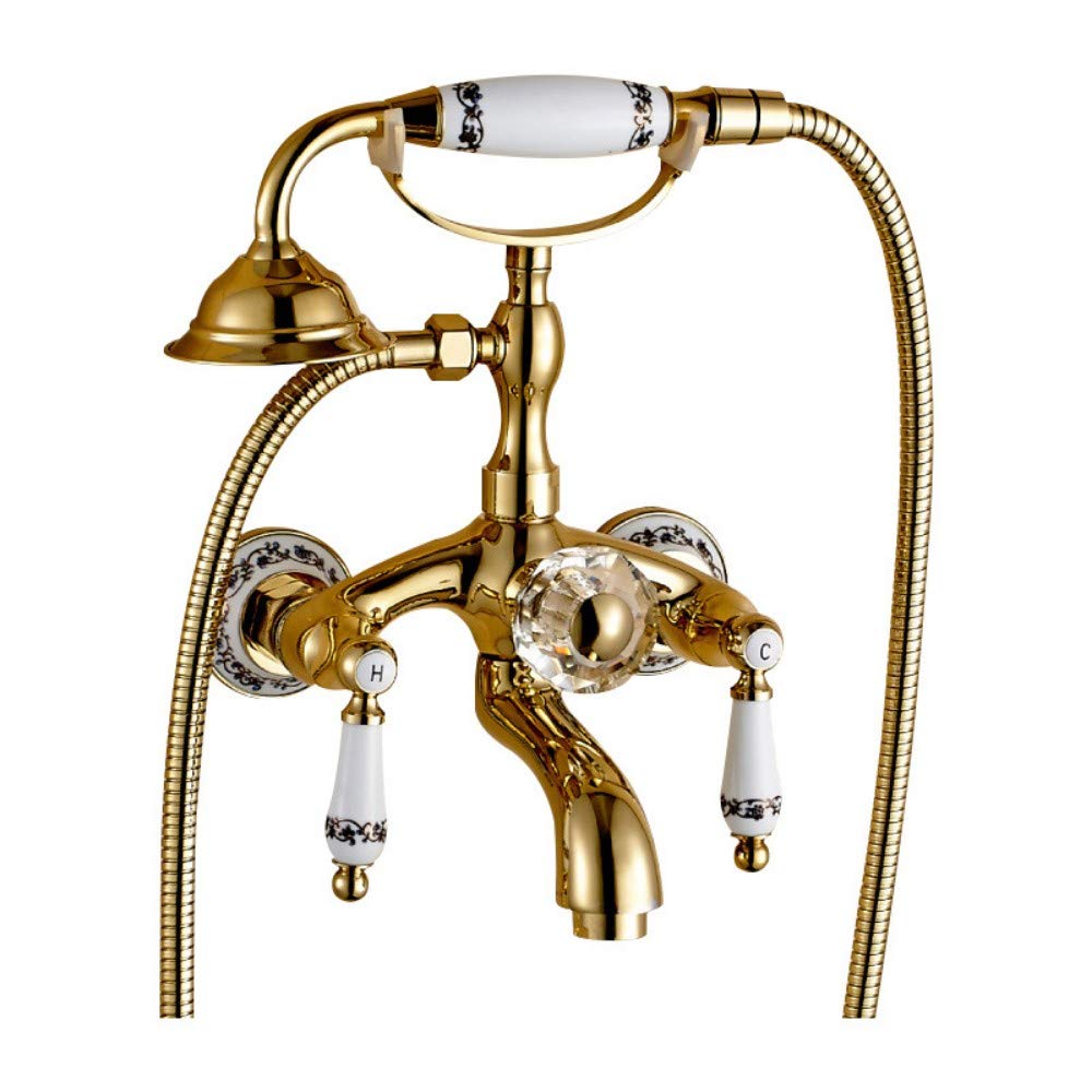 KaO0YaN European Style All Copper Crystal Ball Hand Wheel Shower Faucet - Golden Bathroom Shower Phone Tube with Blue and White Porcelain Handle for Vintage or Modern Bathroom Decor