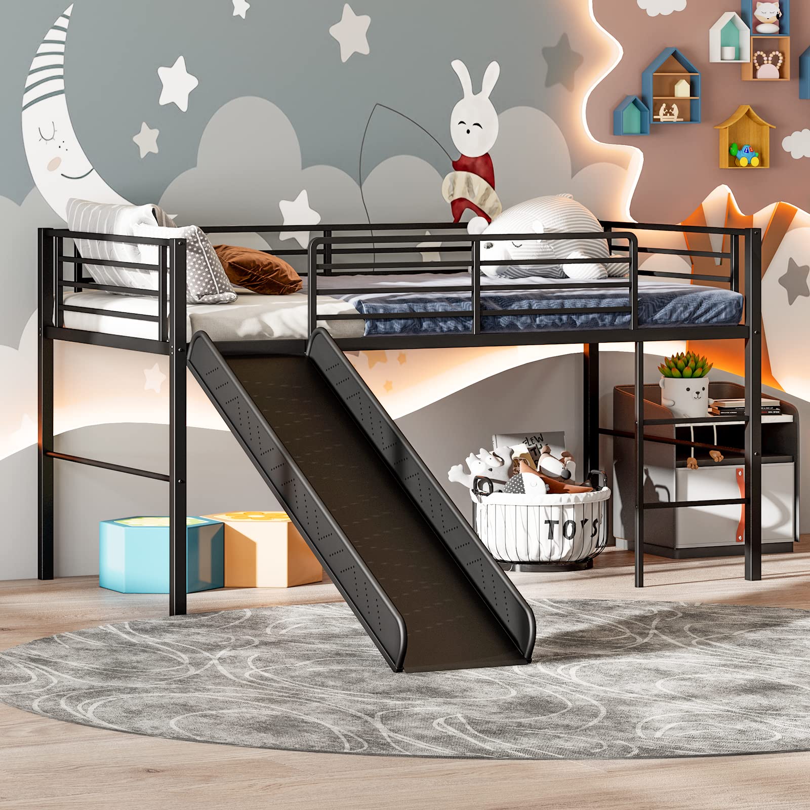 Giantex Twin Loft Bed with Slide - Sturdy Metal Low Bunk Bed for Kids with Safety Guardrails & Built-in Ladder - Toddler Bed Floor Frame for Boys & Girls - No Box Spring Needed - Perfect for Small Bedrooms & Shared Kids' Rooms (Black)