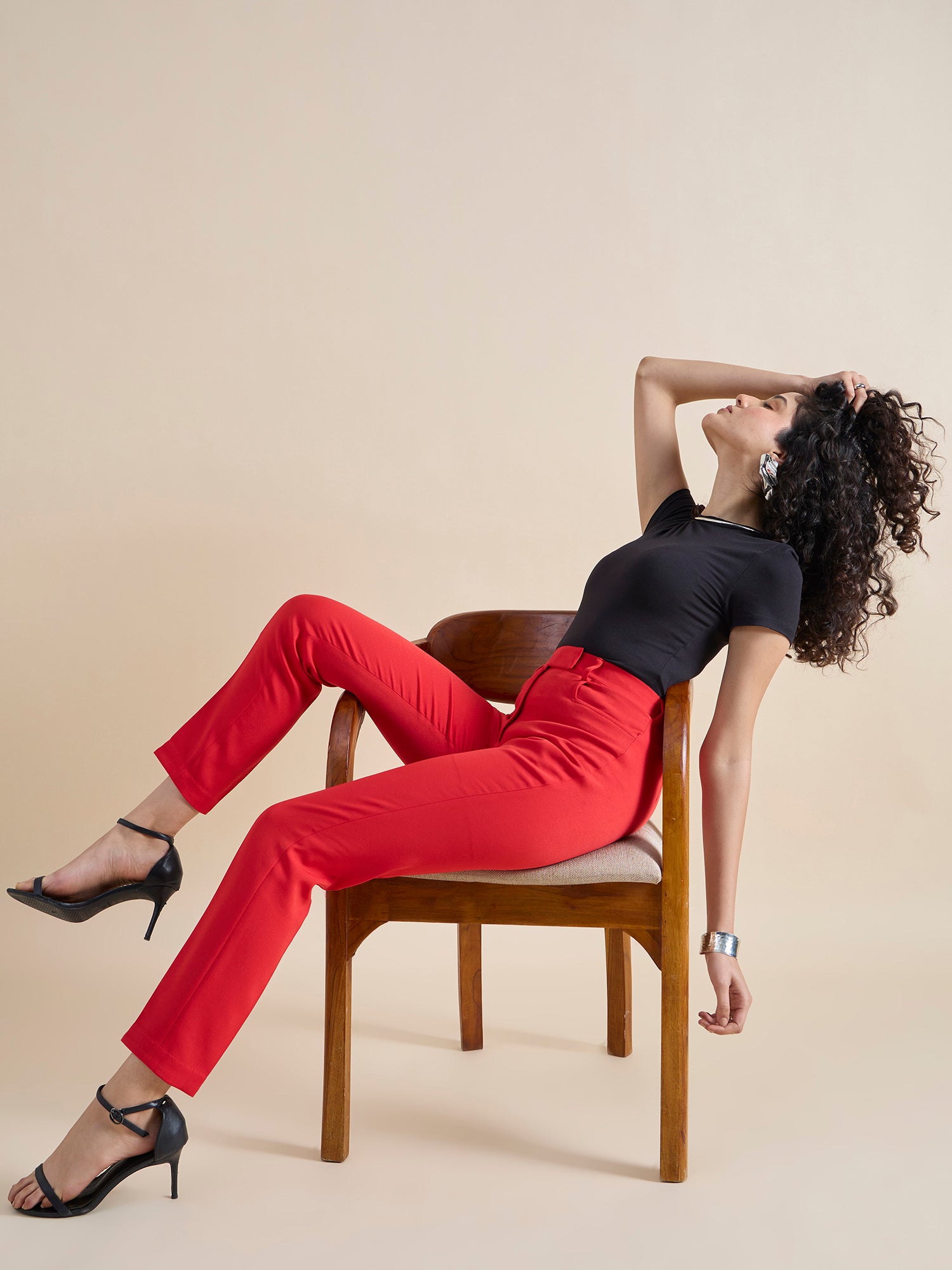 Red Mid Waist Slim Fit Stretch Women's Pants for Work, Office & Casual Wear | Comfortable & Stylish Trousers