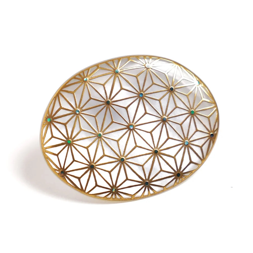 Handcrafted Japanese Maki-e Urushi Lacquer Brooch with White South Sea Pearl Shell - Geometric Hemp Leaf Design - Traditional Artisan Jewelry for Women - Perfect for Weddings, Tea Ceremonies & Special Occasions