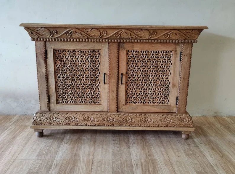 Hand Carved Solid Wood Entryway Cabinet with Double Doors - Rustic Home Decor for Hallway, Living Room & Foyer Storage
