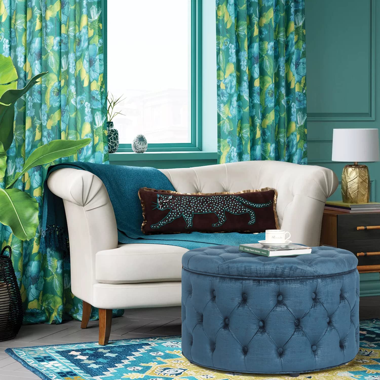 Joveco Round Storage Ottoman with Removable Top - Button Tufted Upholstered Bench, Coffee Table & Footrest Stool for Living Room, Bedroom & Entryway - Perfect for Extra Seating & Hidden Storage (Blue)