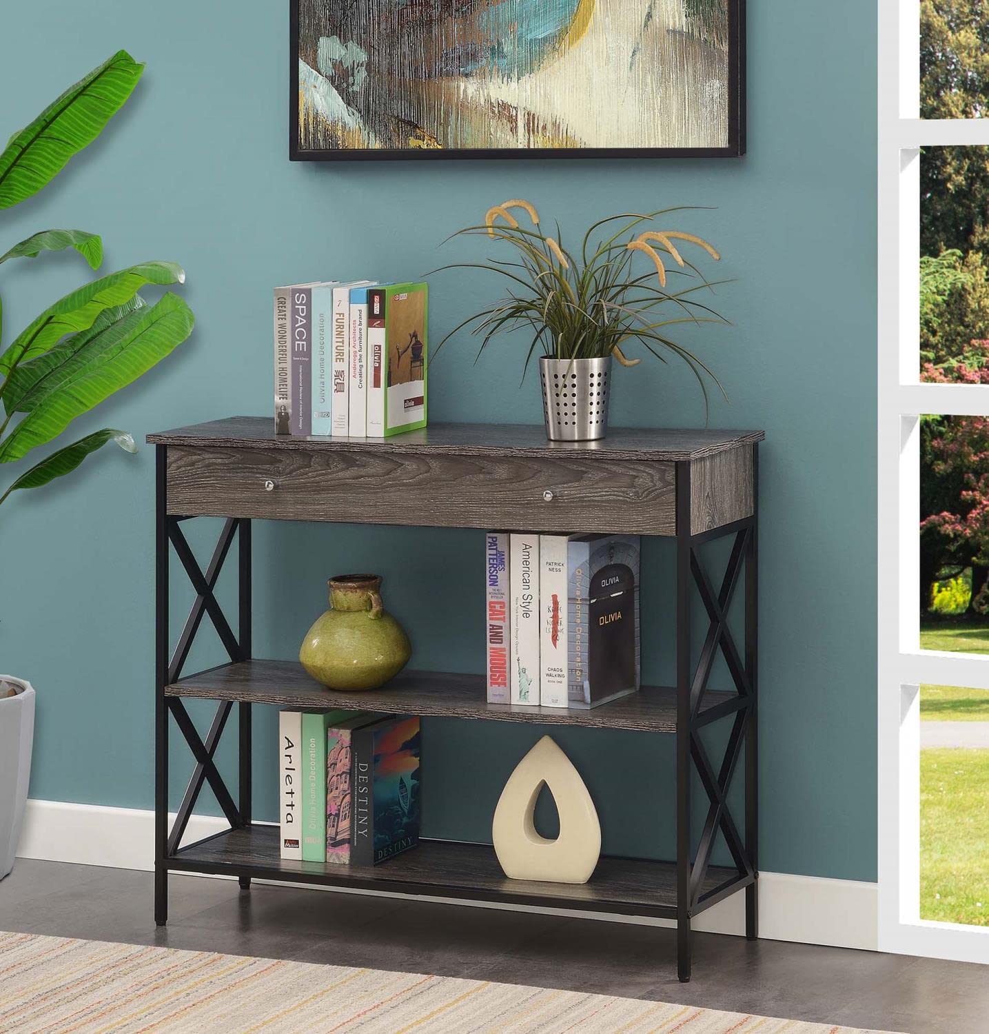 Convenience Concepts Tucson 1-Drawer Console Table with Shelves - Weathered Gray/Black Entryway Table for Hallway, Living Room & Bedroom Organization