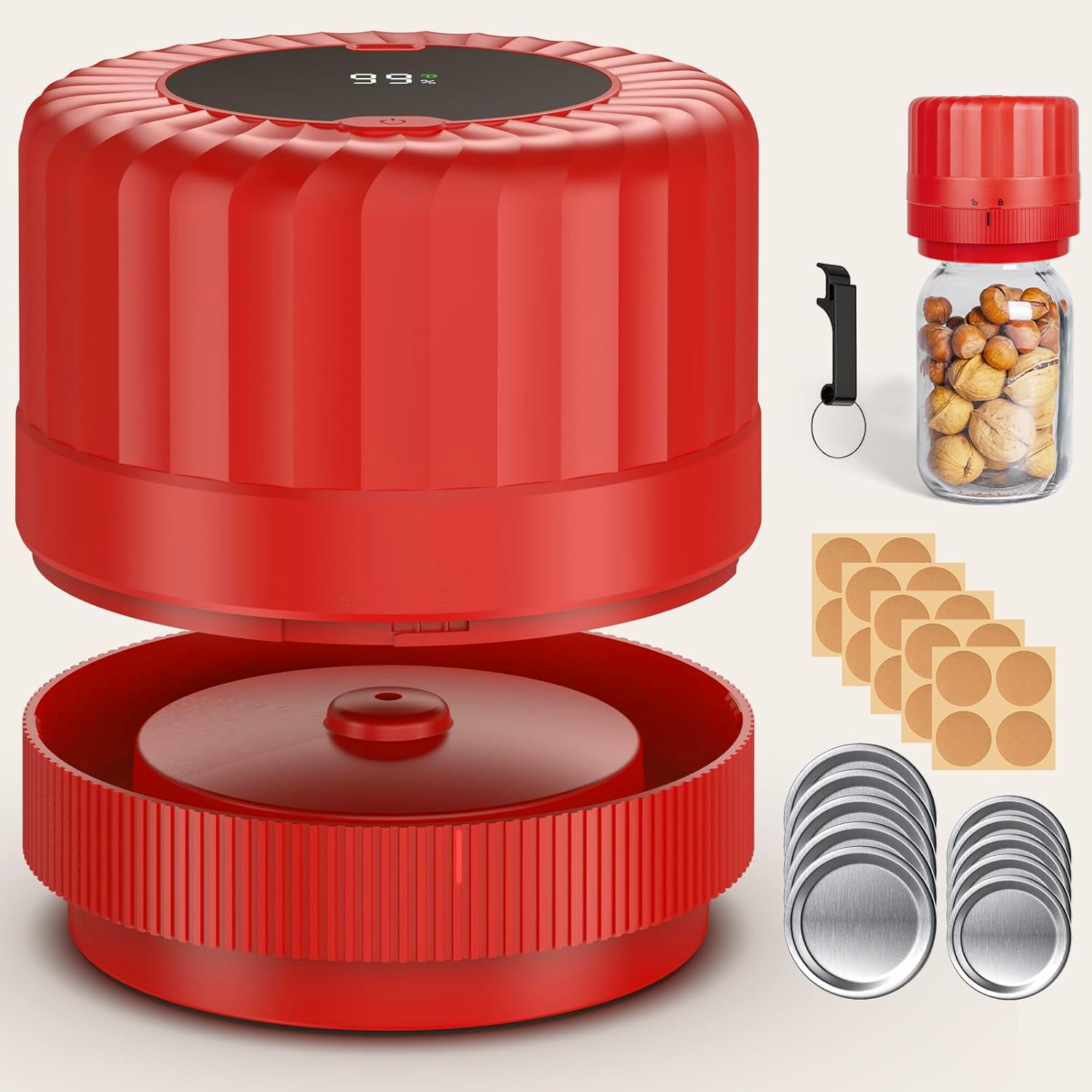 Automatic Mason Jar Vacuum Sealer Kit with Auto Stop - Preserve Food Freshness for Canning, Pickling, Dehydrating & Meal Prep | Airtight Storage Solution for Mason Jars, Pantry Organization & Home Food Preservation (Red)