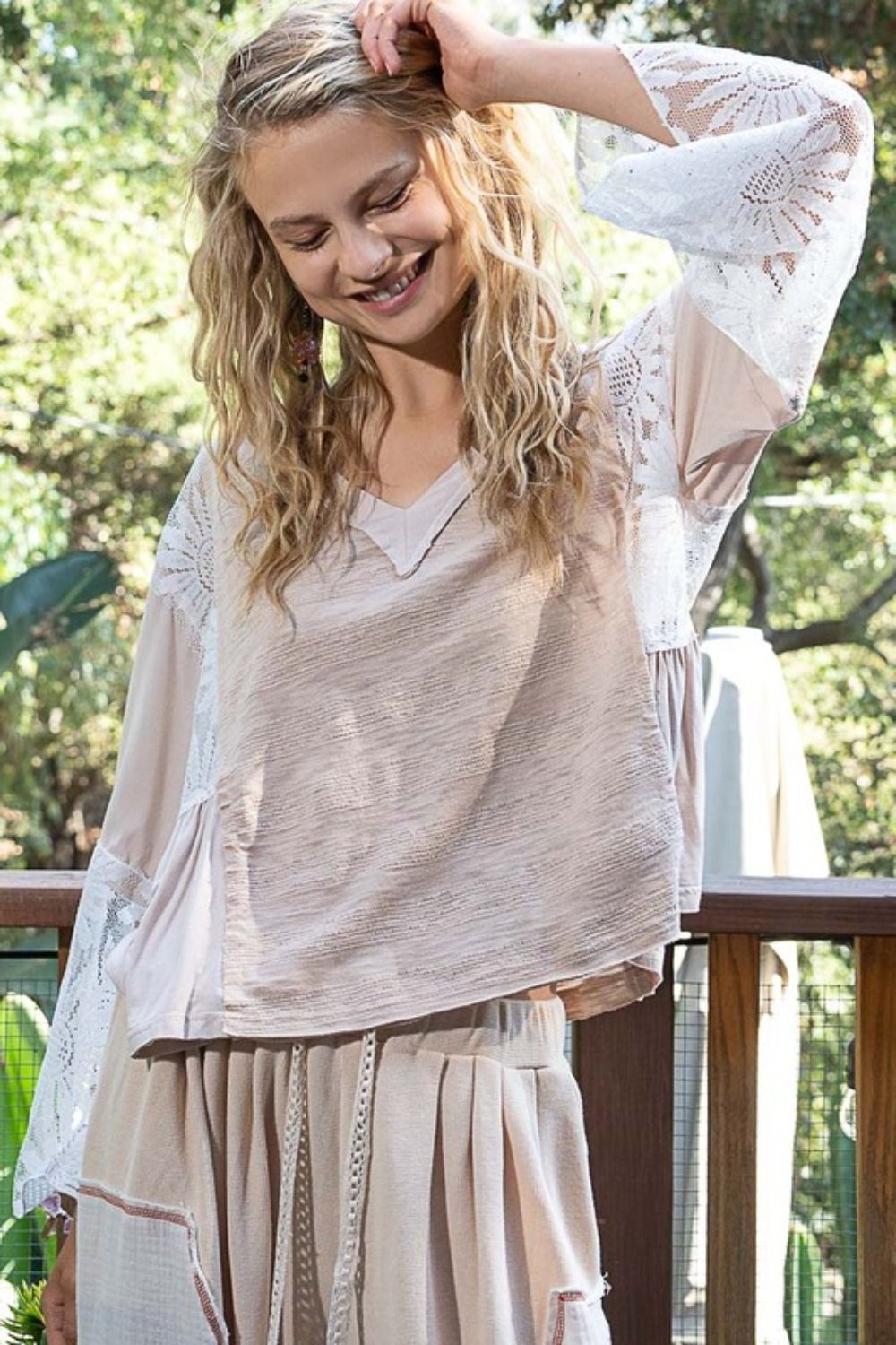 Elegant POL Lace Detail V Neck Flare Sleeve Blouse for Women - Perfect for Office Wear, Date Night & Special Occasions