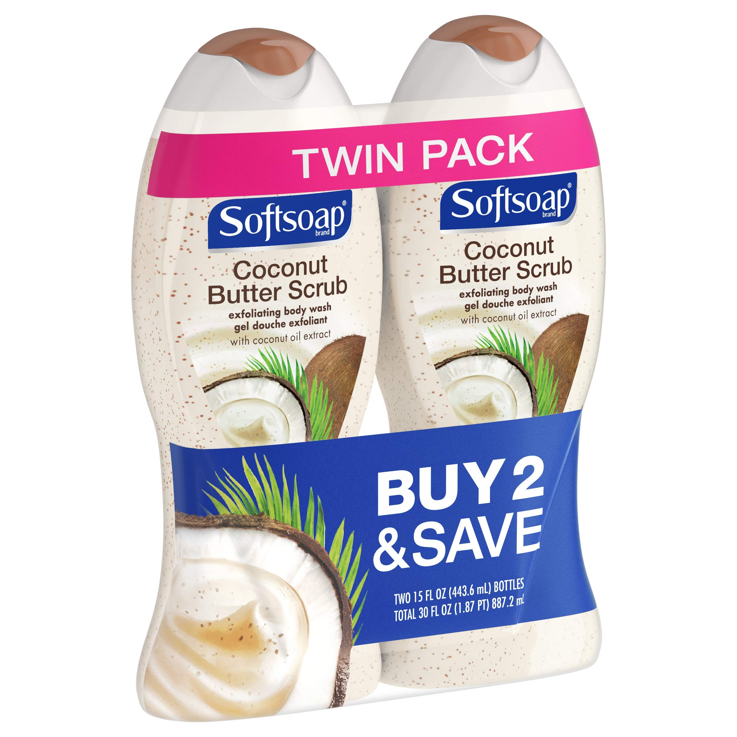 Softsoap Coconut Body Butter Scrub & Buff Wash - 15 oz (Pack of 2) | Exfoliating & Moisturizing Body Wash for Smooth Skin - Perfect for Shower & Spa Day Self-Care