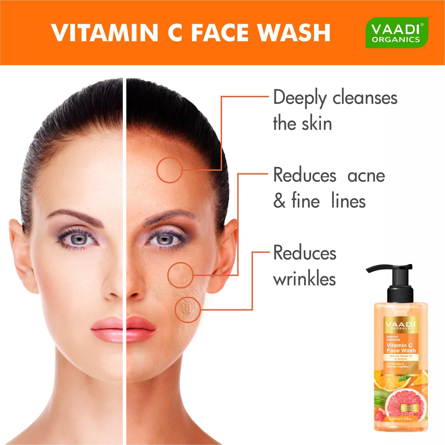 Vaadi Herbals Vitamin C Face Wash with Pro Vitamin B5 & Turmeric - 110ml | Brightening & Hydrating Cleanser for Glowing Skin | Perfect for Daily Skincare Routine & Acne-Prone Skin