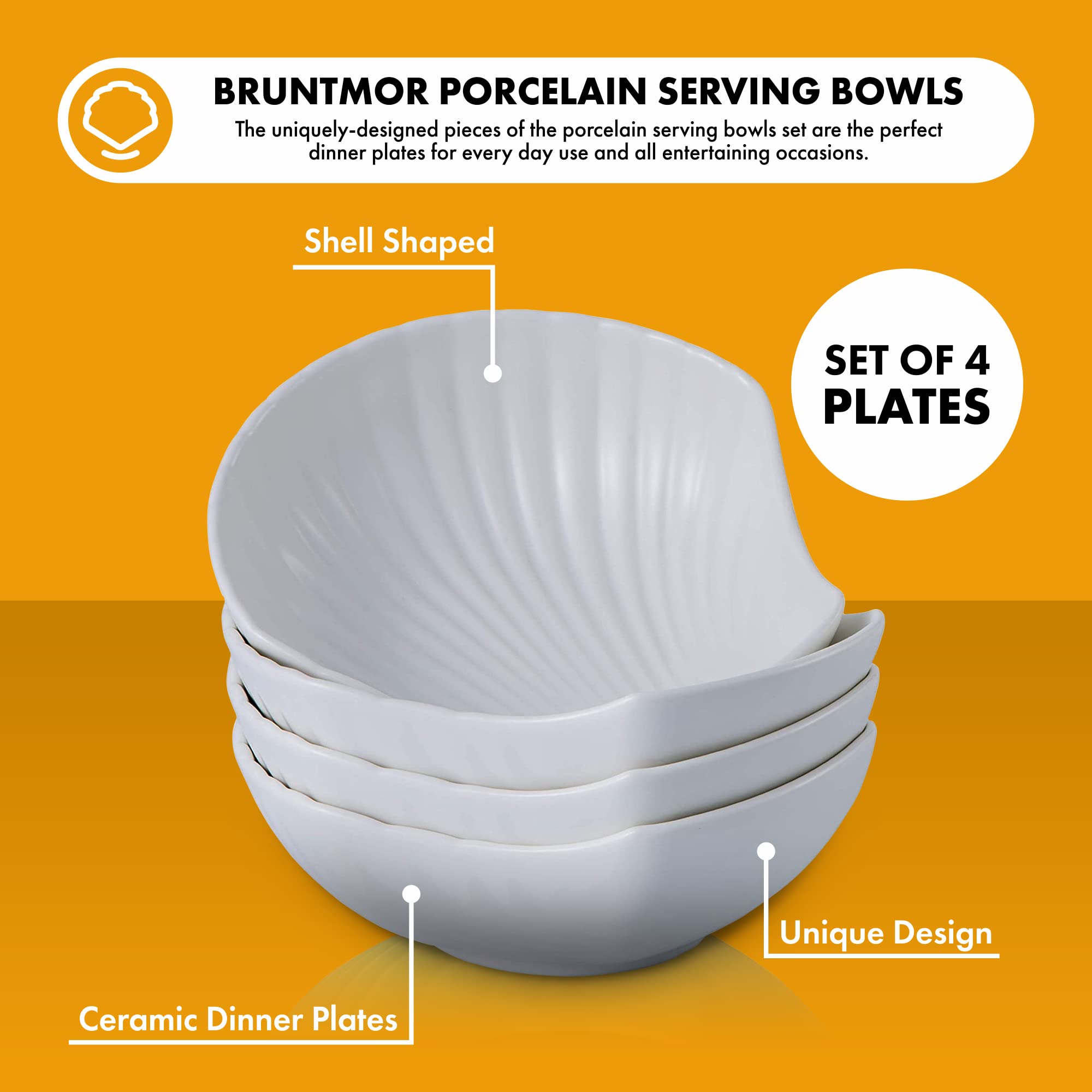Bruntmor 7 inch Matte Black Ceramic Dinner Plates Set of 4 - Shell Shaped Appetizer, Salad & Dessert Plates | Durable Buffet Dishes for Pasta, Party & Home Dining | Dishwasher Safe Easy Clean Tableware