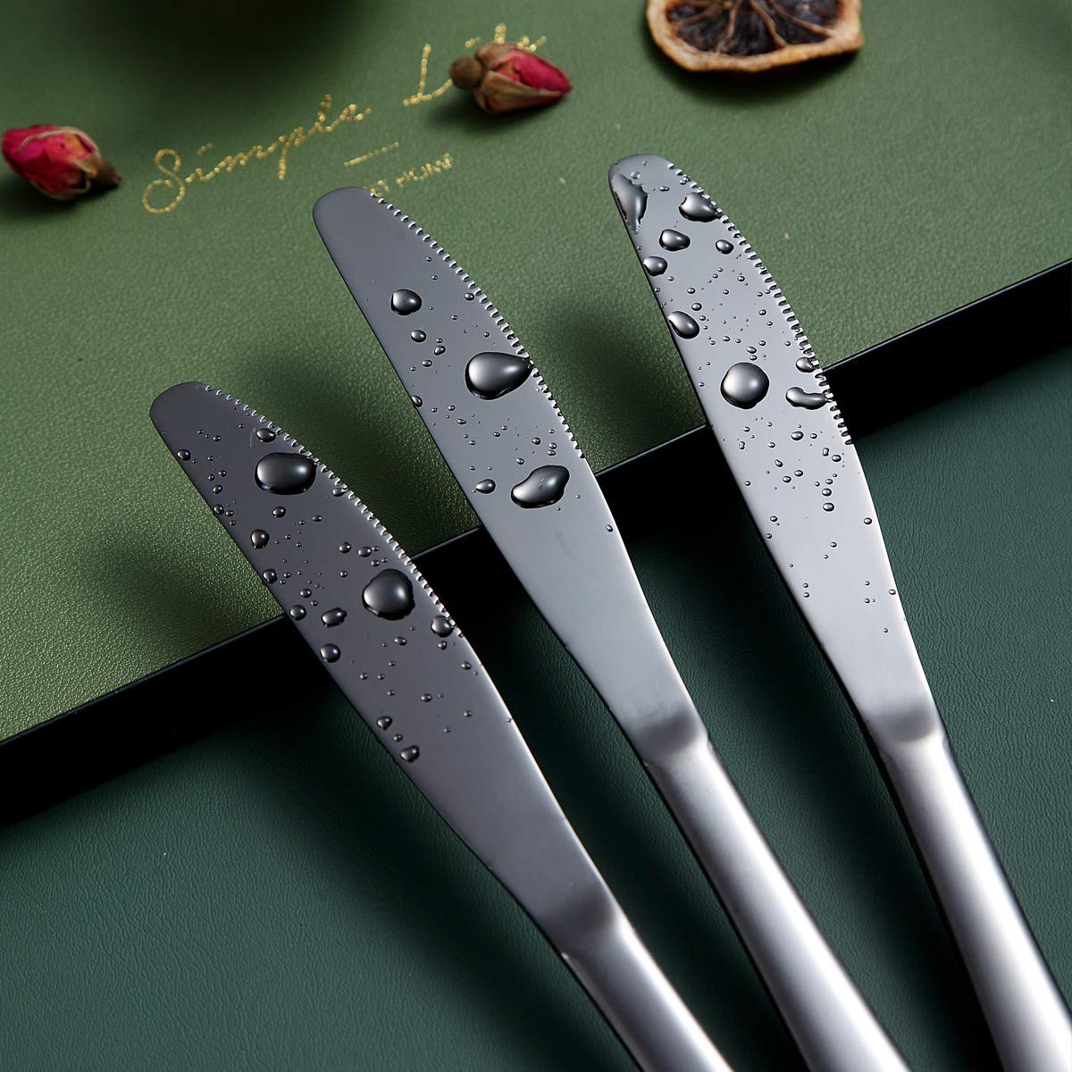 Berglander 4-Piece Black Dinner Knives Set - Stainless Steel with Titanium Plating, Shiny Black Butter Knife & Spreader - Durable, Dishwasher Safe - Perfect for Fine Dining, Dinner Parties & Everyday Use