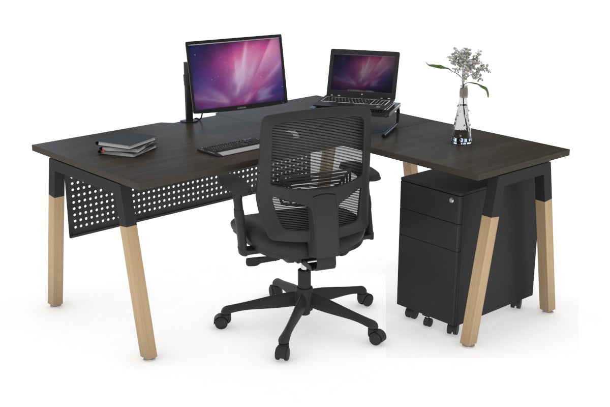 Quadro A Legs L-Shaped Corner Office Desk with Wood Legs & Cross Beam - 1400L x 1800W, Cable Management Scallop - Perfect for Home Office, Gaming Setup & Workspace Organization
