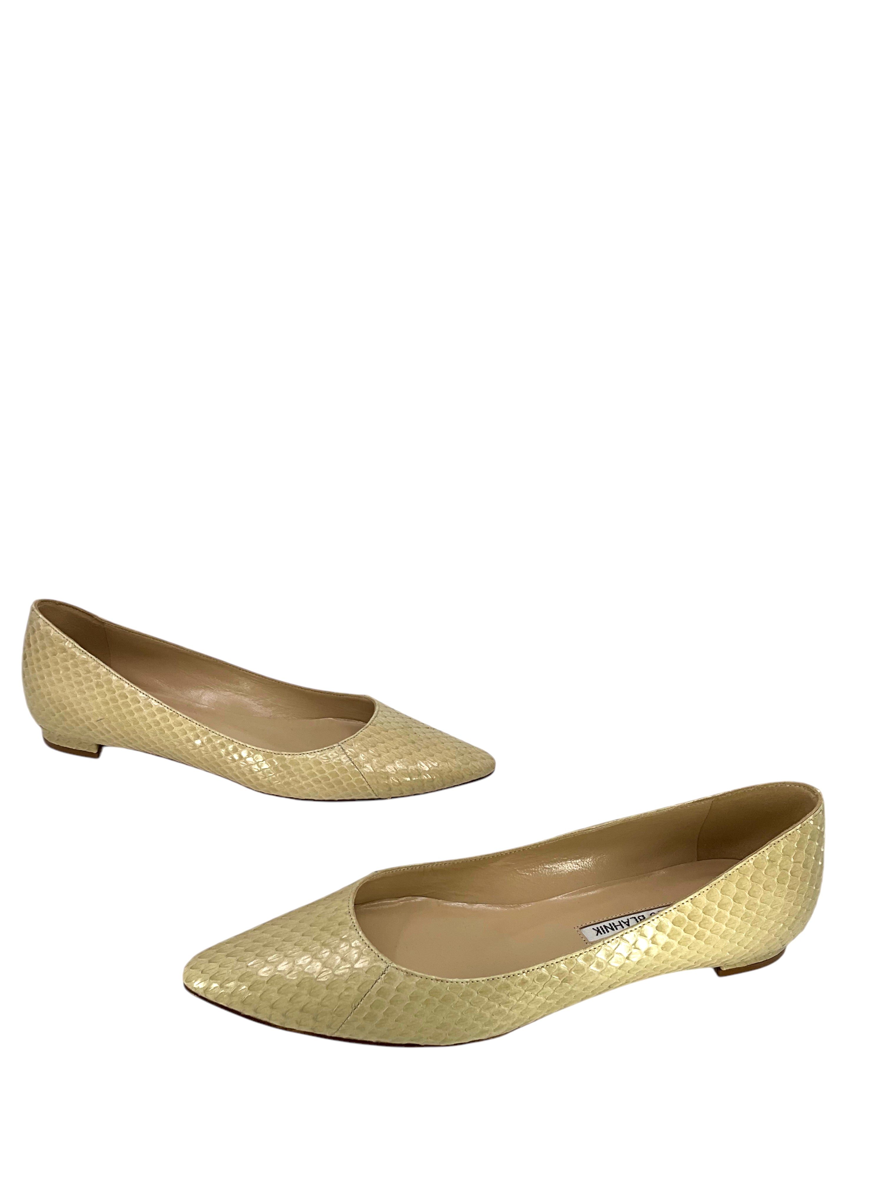 Manolo Blahnik BB Ballerina Flats - Women's Size 7 Genuine Snakeskin Leather Pointed Toe Ballet Shoes for Work, Party & Special Occasions