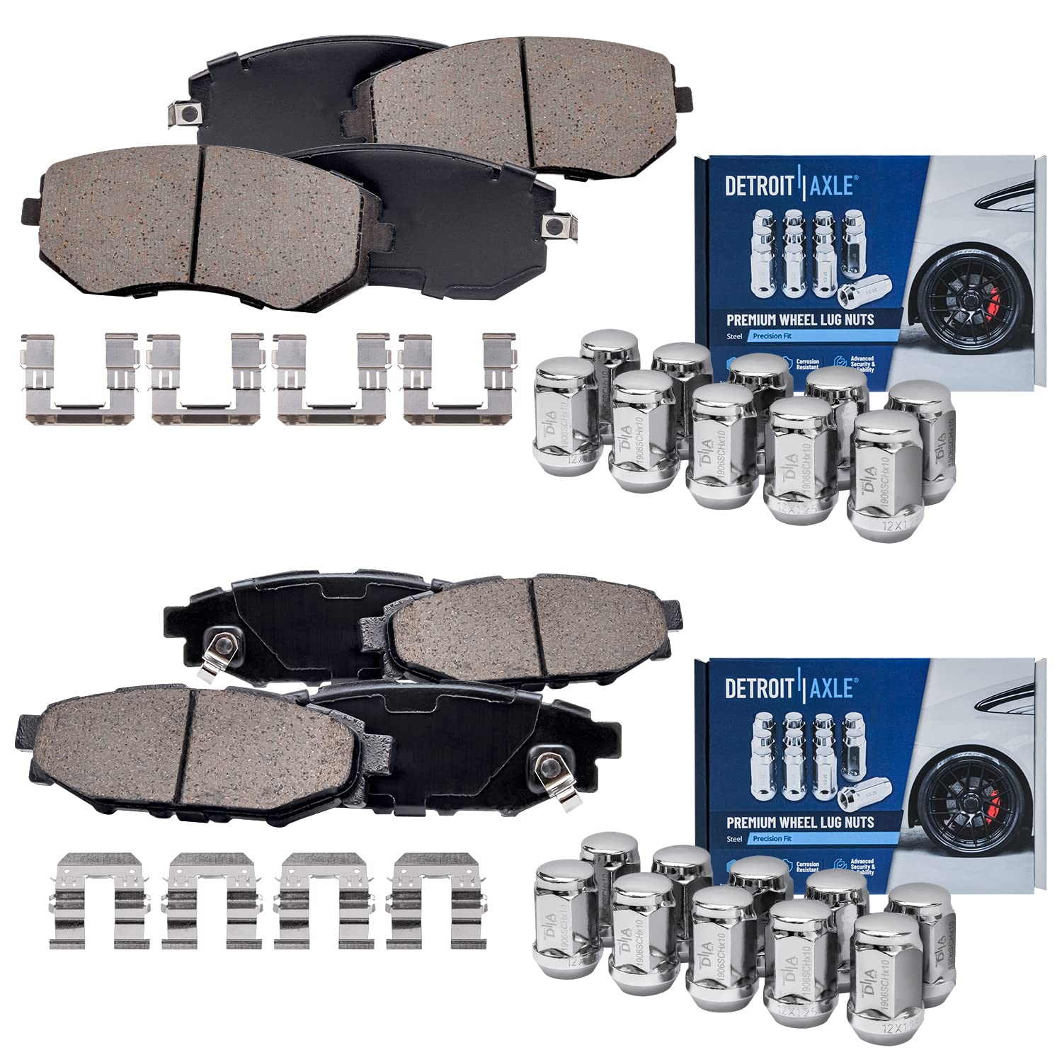 Detroit Axle Ceramic Brake Pads & Chrome Lug Nuts Kit - Compatible with Subaru Forester, Impreza, Legacy, Outback | Front & Rear Brake Pad Replacement with Hardware | Perfect for Daily Commuting & Off-Road Adventures