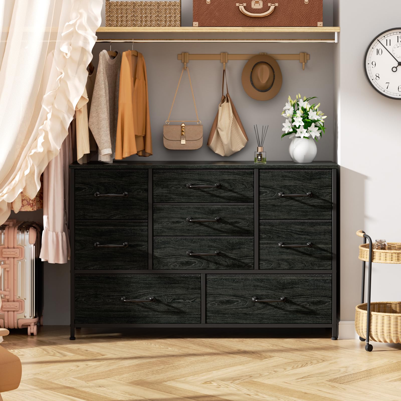 Furnulem 55'' Wide Dresser with 9 Large Drawers - Solid Wood TV Stand Entertainment Center with Sturdy Metal Frame, Black Oak Finish - Perfect for Bedroom Storage, Dorm Room Organization, Closet Space & Entryway Furniture - Ideal for TV Placement, Clothing Storage & Home Decor
