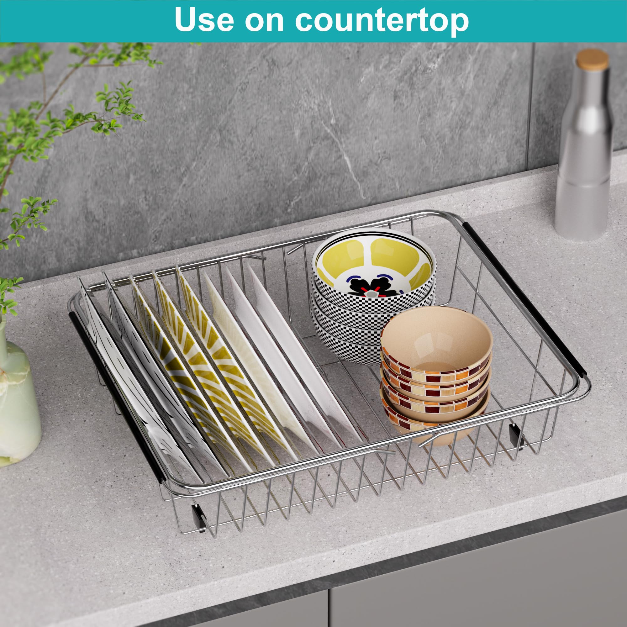 Expandable Stainless Steel Dish Drying Rack - Over The Sink or Countertop Space-Saving Kitchen Organizer with Utensil Holder & Cutlery Tray | Rustproof, Durable for Daily Dishwashing & Drying Needs