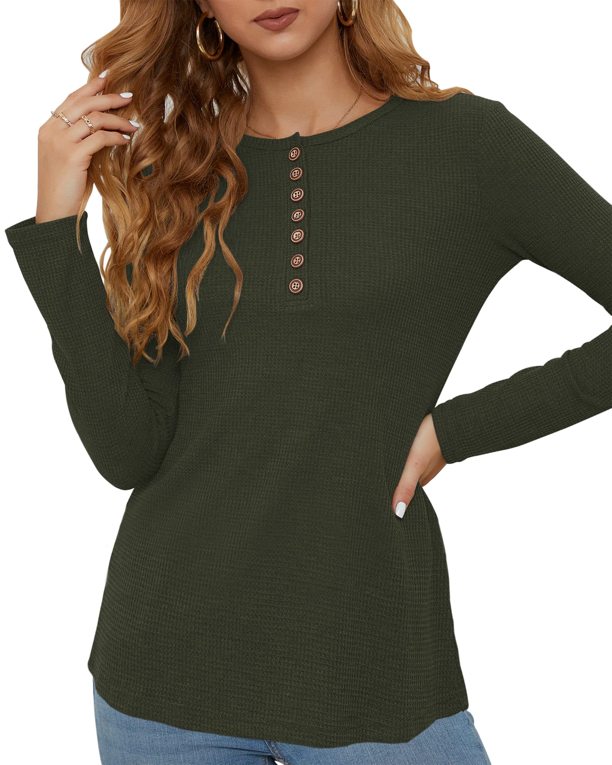 WNEEDU Women's Casual Long Sleeve Waffle Knit Henley Shirt - Slim Fit Button Down V-Neck Blouse for Fall & Winter | Perfect for Office, Date Night & Everyday Wear