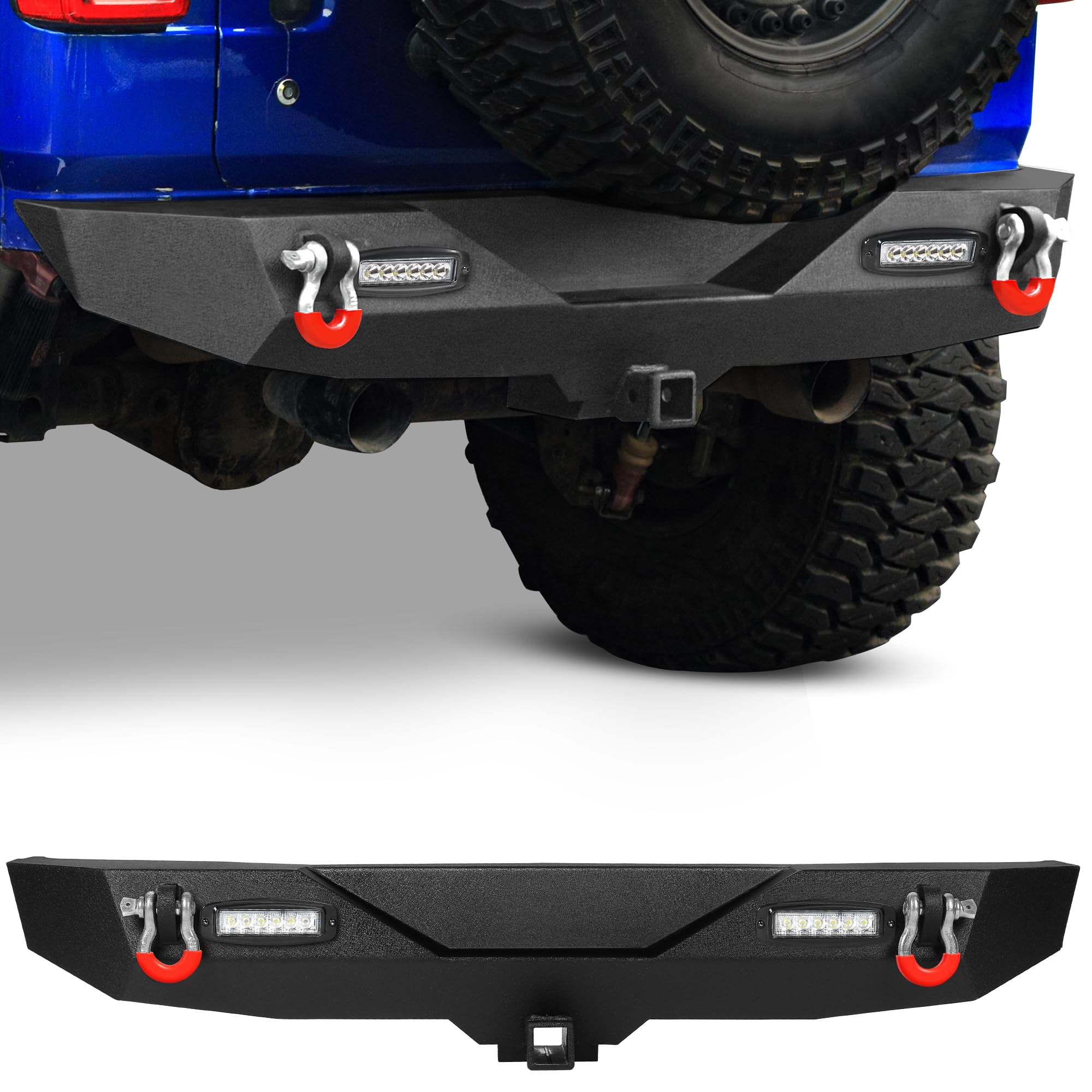 YITAMOTOR Black Rear Bumper with LED Lights, Hitch Receiver & D-Rings for 2018-2025 Jeep Wrangler JL & Unlimited | Off-Road Protection & Towing Accessories
