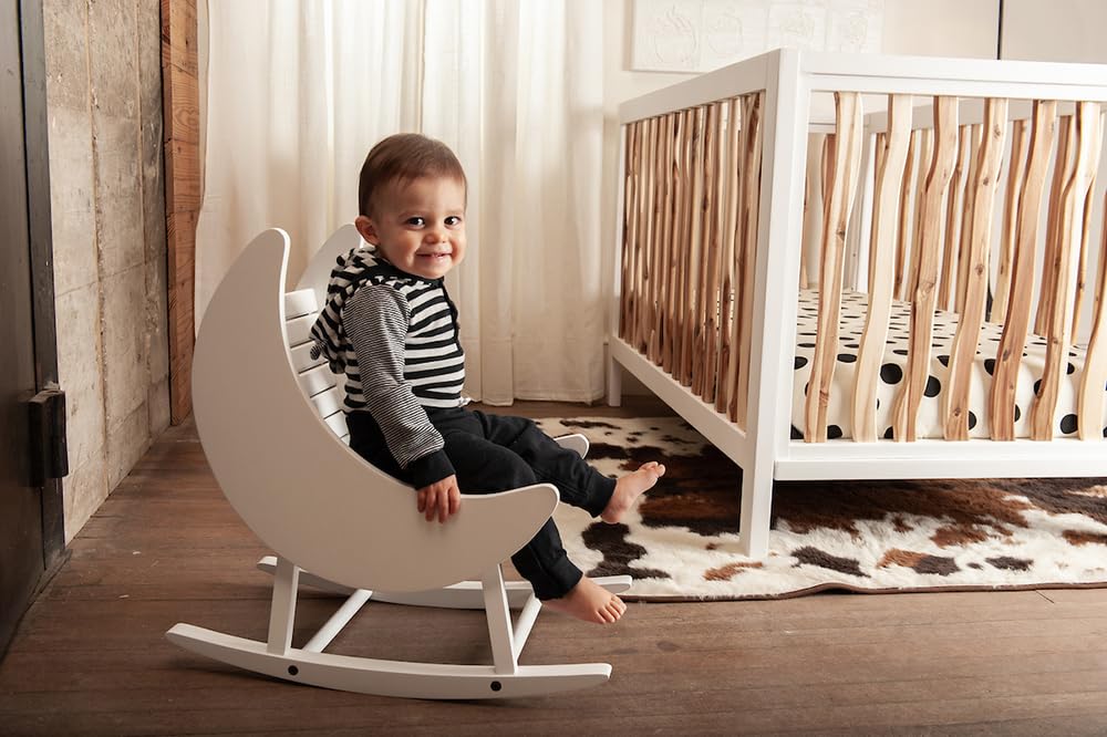 White Baby Crescent Moon Rocker - Gentle Infant Rocking Chair for Nursery, Bedroom & Playtime - Newborn to Toddler Safe Rocking Seat