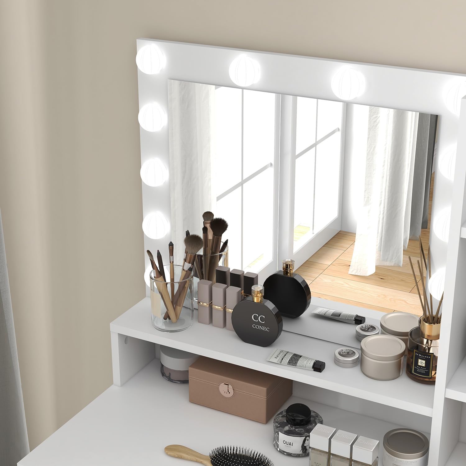 Vanity Desk with Mirror & Lights - Adjustable Brightness, 3 Lighting Modes, 1 Drawer & Cabinet, 4 Shelves - White Makeup Dressing Table Set for Bedroom, Salon & Home Decor