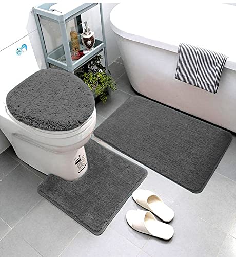 Premium 3-Piece Bathroom Rug Set - Soft Microfiber Bath Mat, Contour Mat & Toilet Cover - Non-Slip Rubber Backing, Machine Washable (Charcoal Gray) for Bathroom Safety & Comfort