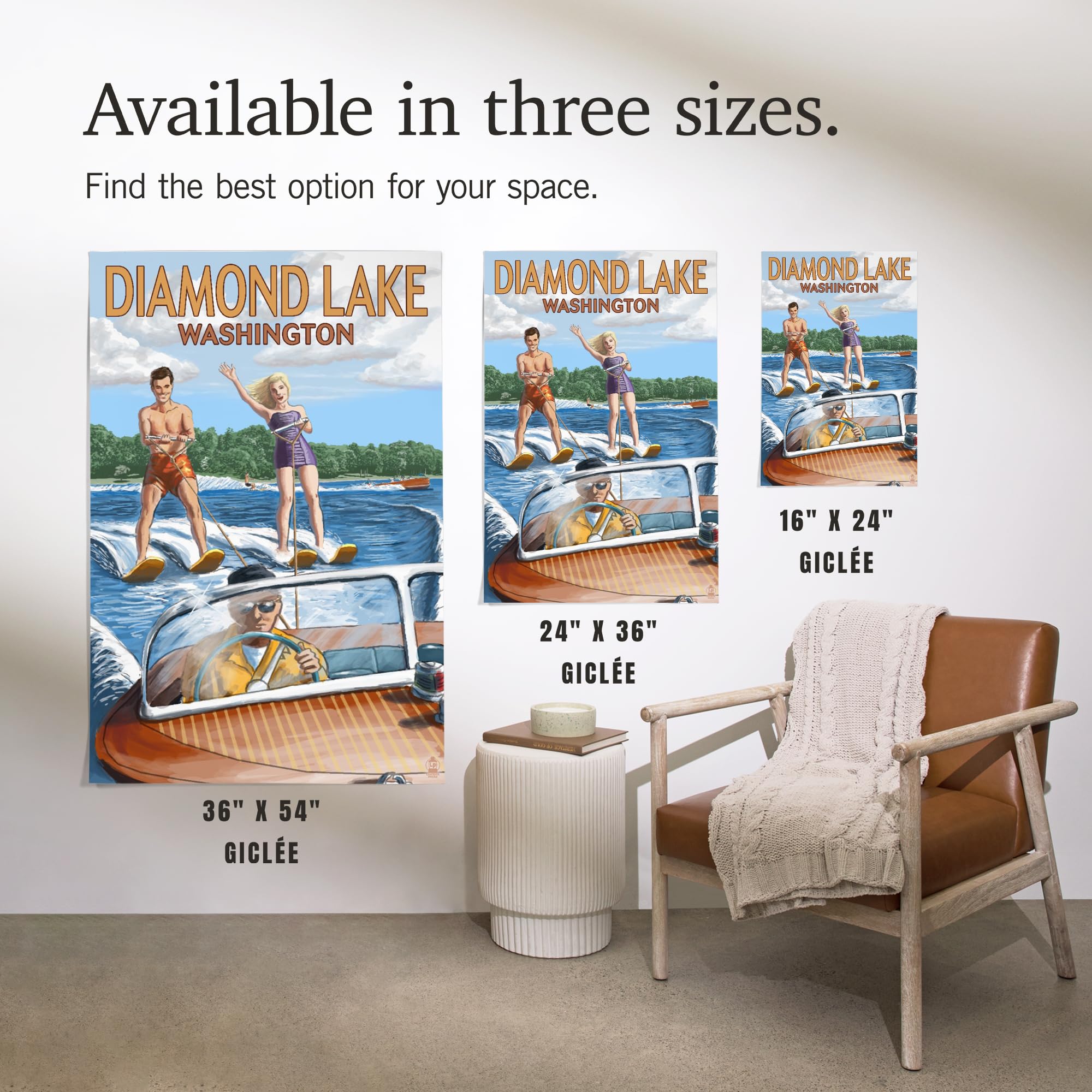 Lantern Press 16x24 Inch Giclee Art Print - Diamond Lake Washington Water Skiing Landscape Wall Decor | Perfect for Living Room, Bedroom & Office