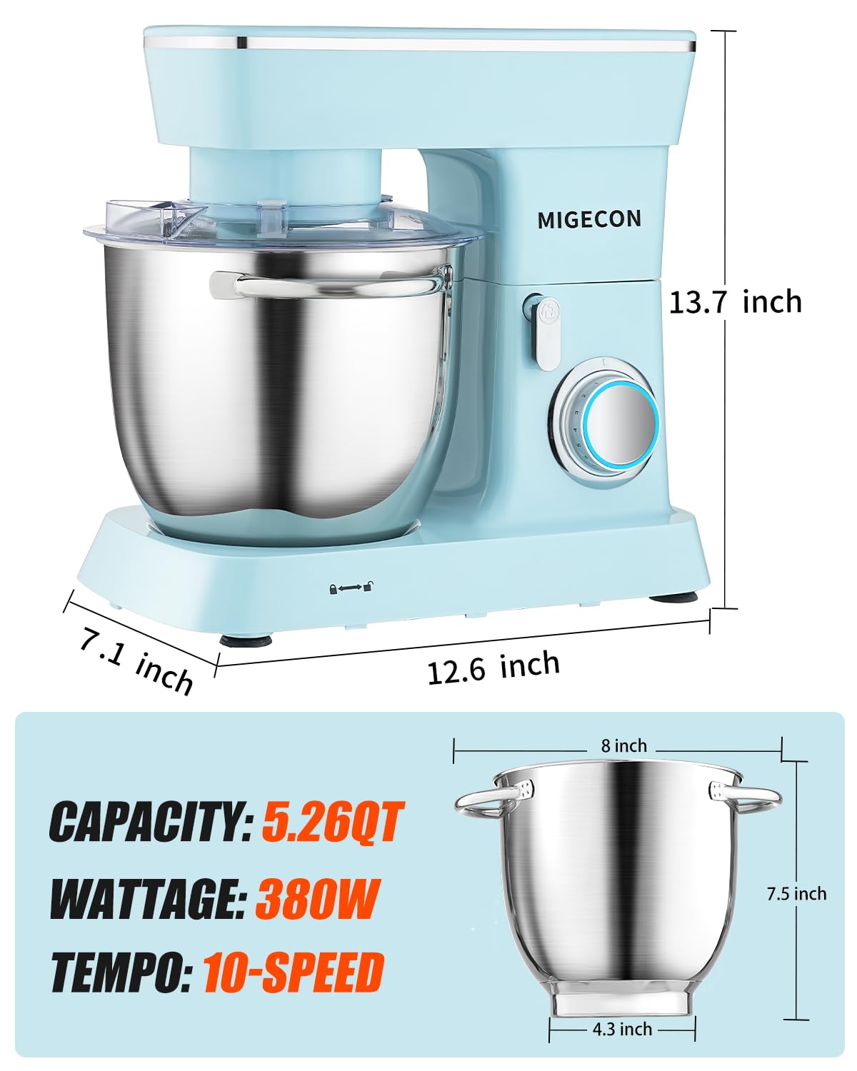 MIGECON 5.26 QT Stand Mixer - 10 Speed Electric Food Mixer with Dough Hook, Flat Beater & Whisk Attachments - Splash Guard - Perfect for Baking Cakes, Cookies & Bread Dough (Blue)